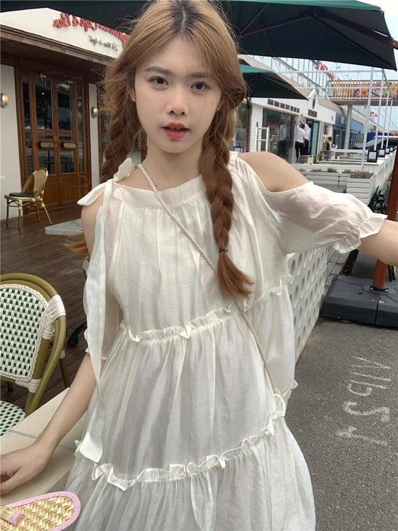 달콤함 첫사랑 치마 순수한 욕망 바람 오프숄더 스트랩 라운드 넥 드레스 슈퍼 잘 생긴 단색 흐름 지불 반팔 여성 의류 상세 이미지 6