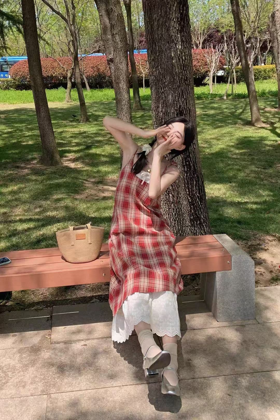 휴가 바람 레이스업 체크무늬 슬립 여성 드레스 여름 새로운 페이크 레이어드 배색 패치워크 품격 중간 길이 치마 상세 이미지 2