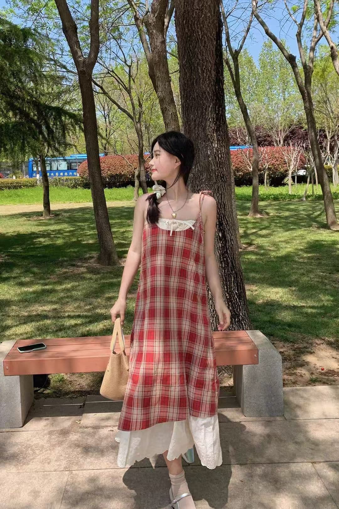 휴가 바람 레이스업 체크무늬 슬립 여성 드레스 여름 새로운 페이크 레이어드 배색 패치워크 품격 중간 길이 치마 상세 이미지 3