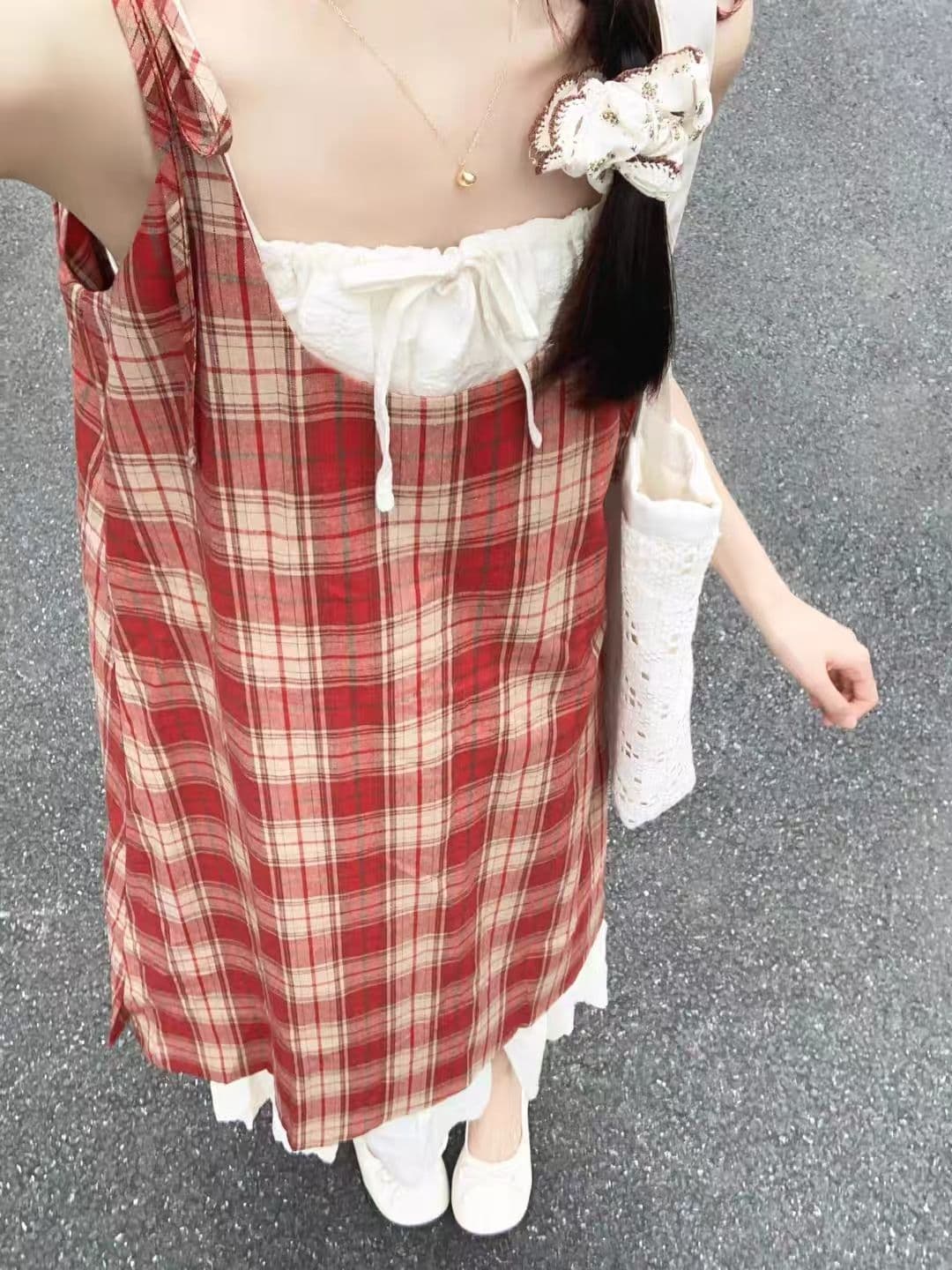 여성 여름 새로운 페이크 레이어드 배색 패치워크 품격 중간 길이 치마 휴가 바람 레이스업 체크무늬 슬립 드레스 상세 이미지 2