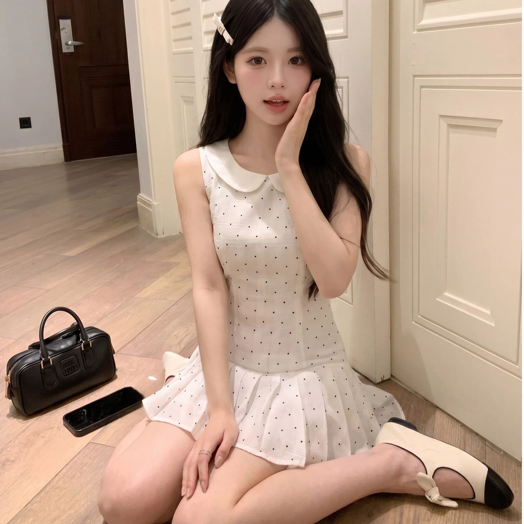 화이트 베이비 칼라 도트 무늬 민소매 여성 드레스 여름 2026 새로운 프랑스식 첫사랑 달콤함 작은 키 미니 스커트