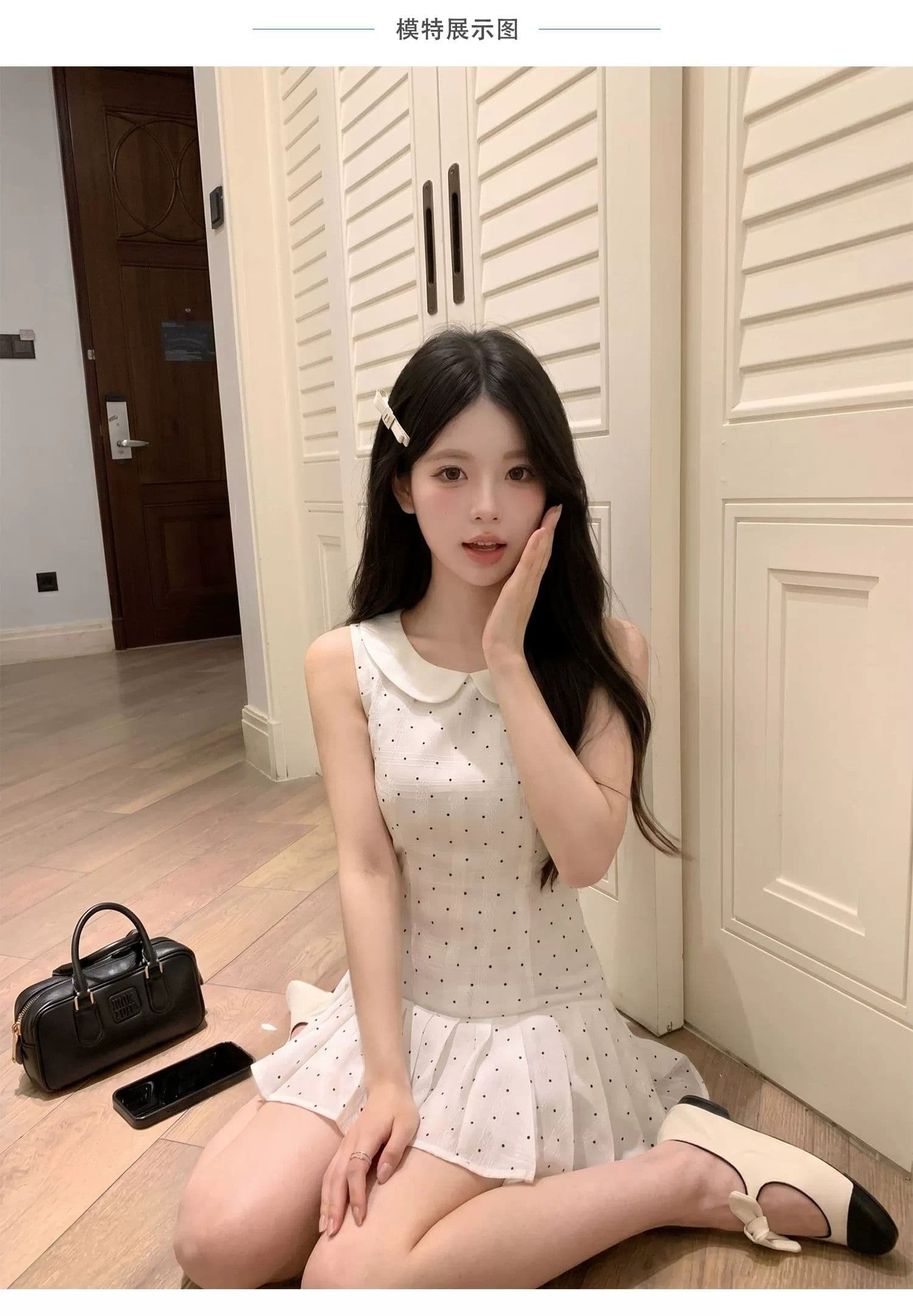 화이트 베이비 칼라 도트 무늬 민소매 여성 드레스 여름 2026 새로운 프랑스식 첫사랑 달콤함 작은 키 미니 스커트 상세 이미지 2