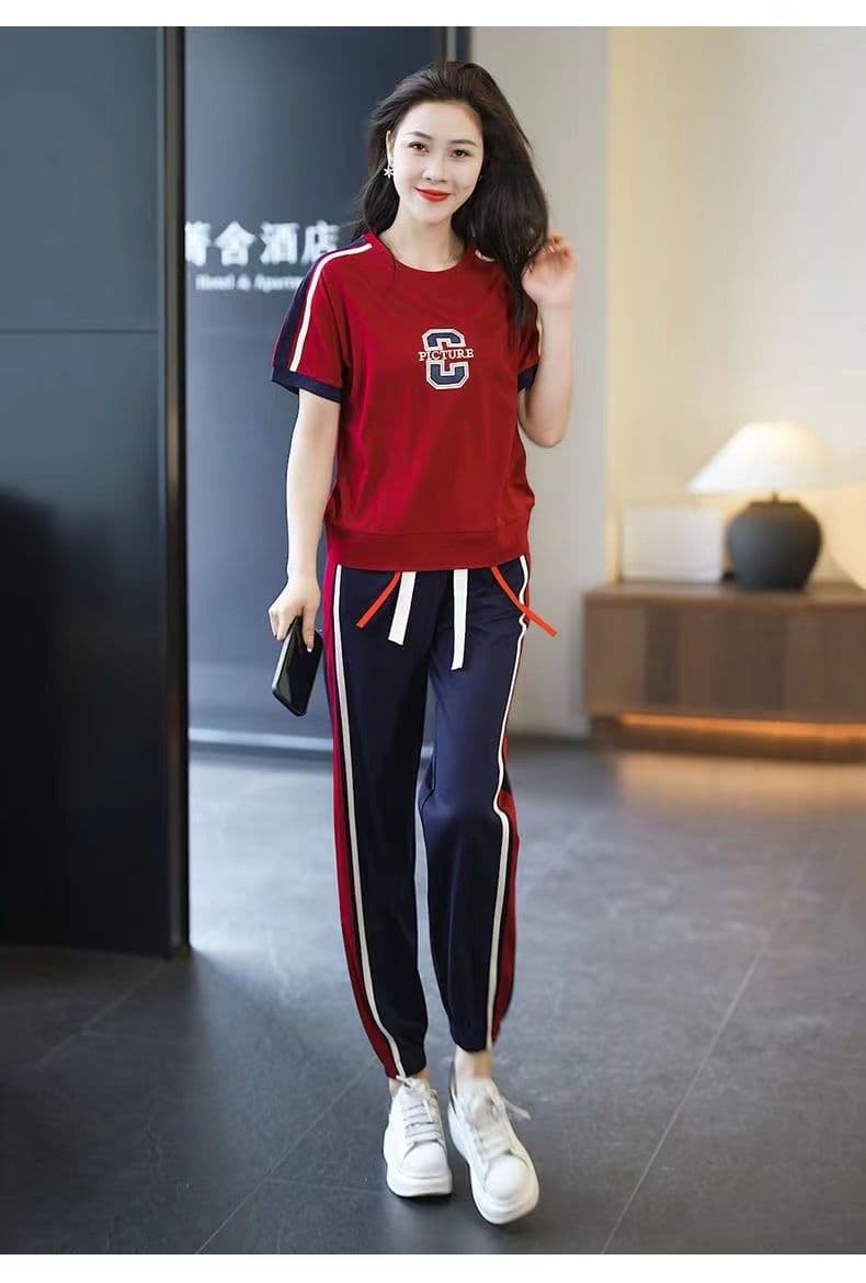 패션 스포츠 슈트 여성 2026 여름 새로운 외국 가스 연령 감소 슬림해 보이는 반팔 조거 바지 투피스 세트 839 상세 이미지 9
