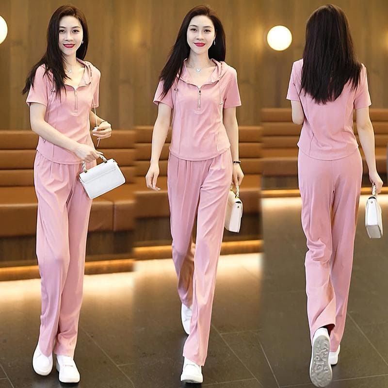 2026 여름 새로운 캐주얼 스포츠 슈트 여성 연령 감소 슬림해 보이는 맨위 와이드 레그 팬츠 투피스 세트 845 상세 이미지 4