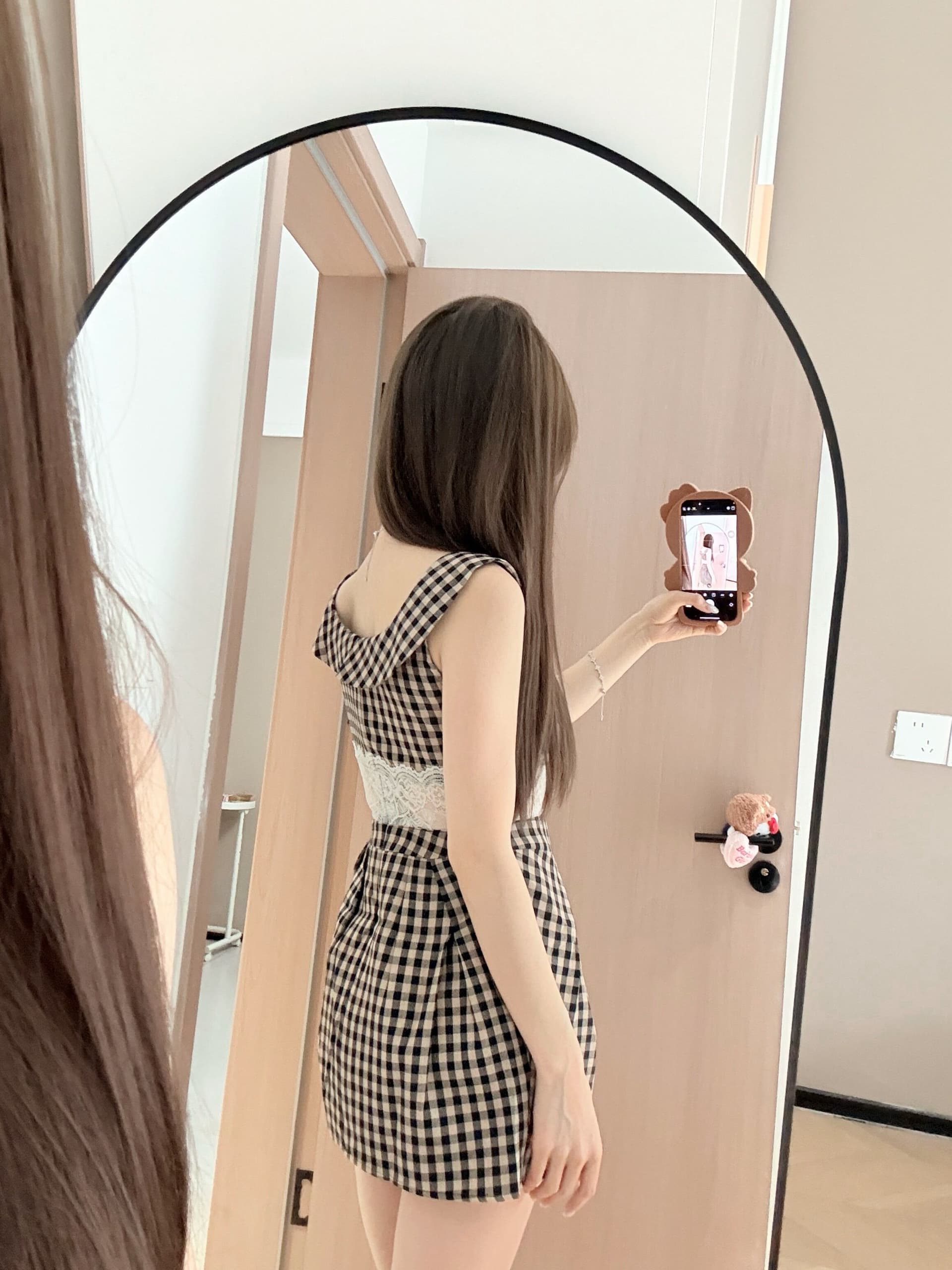 프랑스식 레트로 체크무늬 베이비 칼라 민소매 드레스 아이들 여름 작은 키 레이스 허리 수축 슬림해 보이는 조끼 미니 스커트 상세 이미지 4