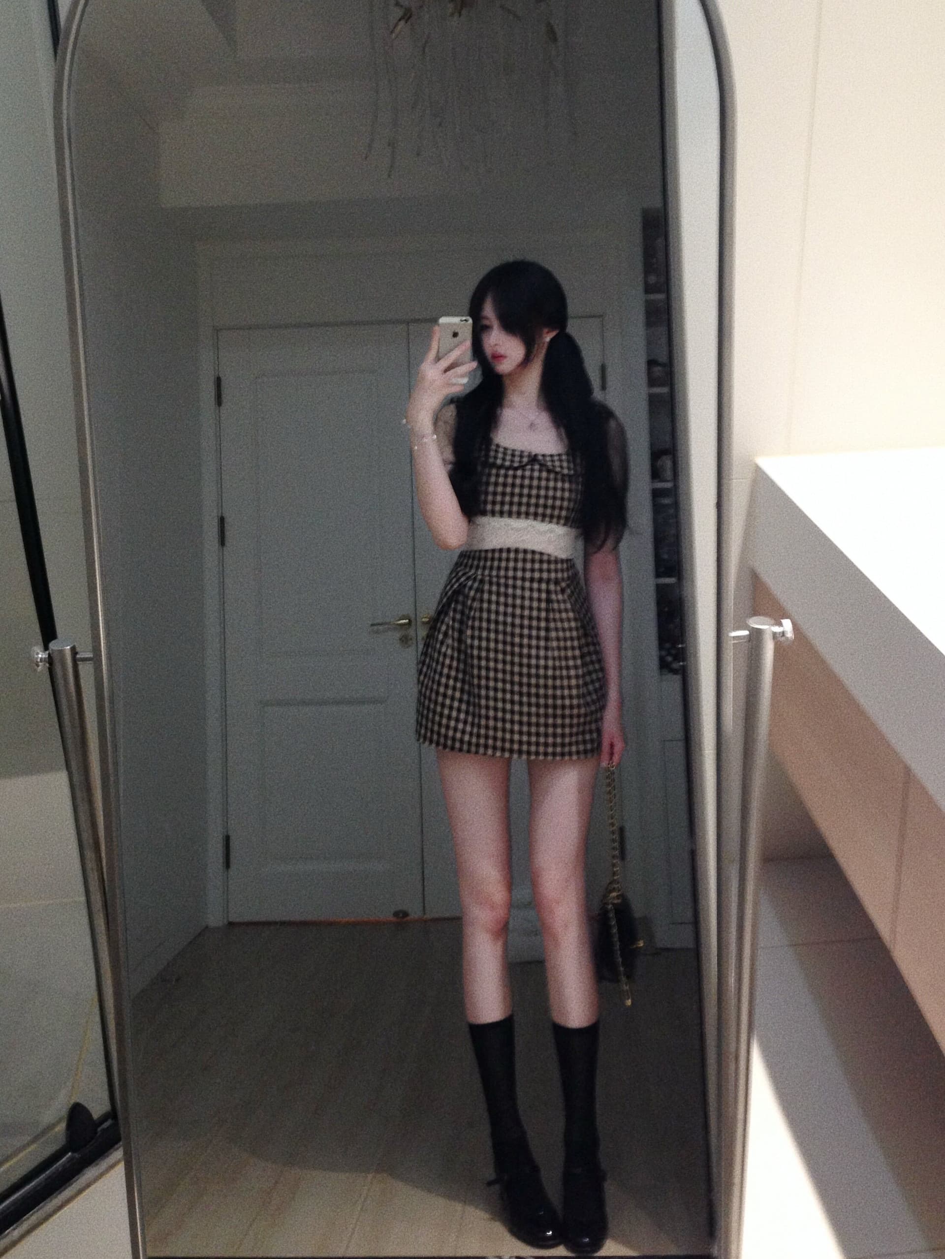 프랑스식 레트로 체크무늬 베이비 칼라 민소매 드레스 아이들 여름 작은 키 레이스 허리 수축 슬림해 보이는 조끼 미니 스커트 상세 이미지 3