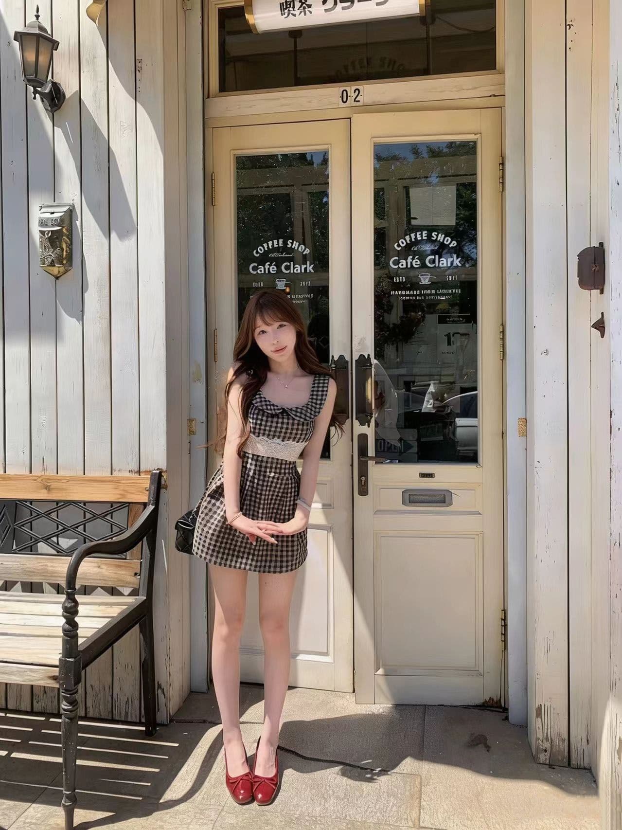 프랑스식 레트로 체크무늬 베이비 칼라 민소매 드레스 아이들 여름 작은 키 레이스 허리 수축 슬림해 보이는 조끼 미니 스커트 이미지 4