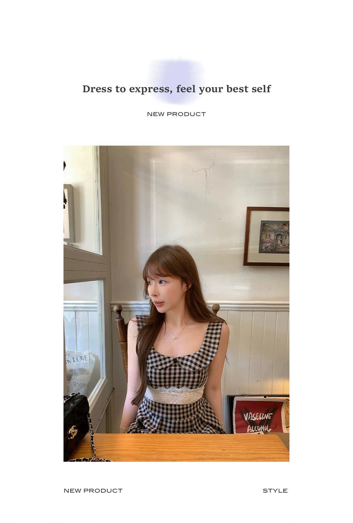 프랑스식 레트로 체크무늬 베이비 칼라 민소매 드레스 아이들 여름 작은 키 레이스 허리 수축 슬림해 보이는 조끼 미니 스커트 상세 이미지 2