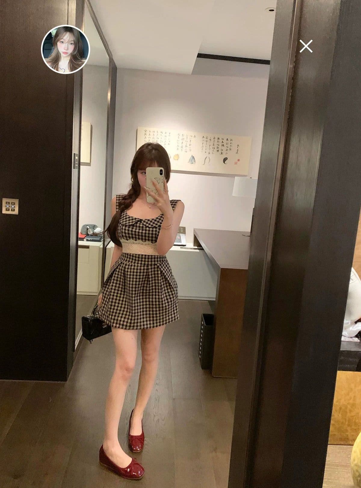프랑스식 레트로 체크무늬 베이비 칼라 민소매 드레스 아이들 여름 작은 키 레이스 허리 수축 슬림해 보이는 조끼 미니 스커트 상세 이미지 3