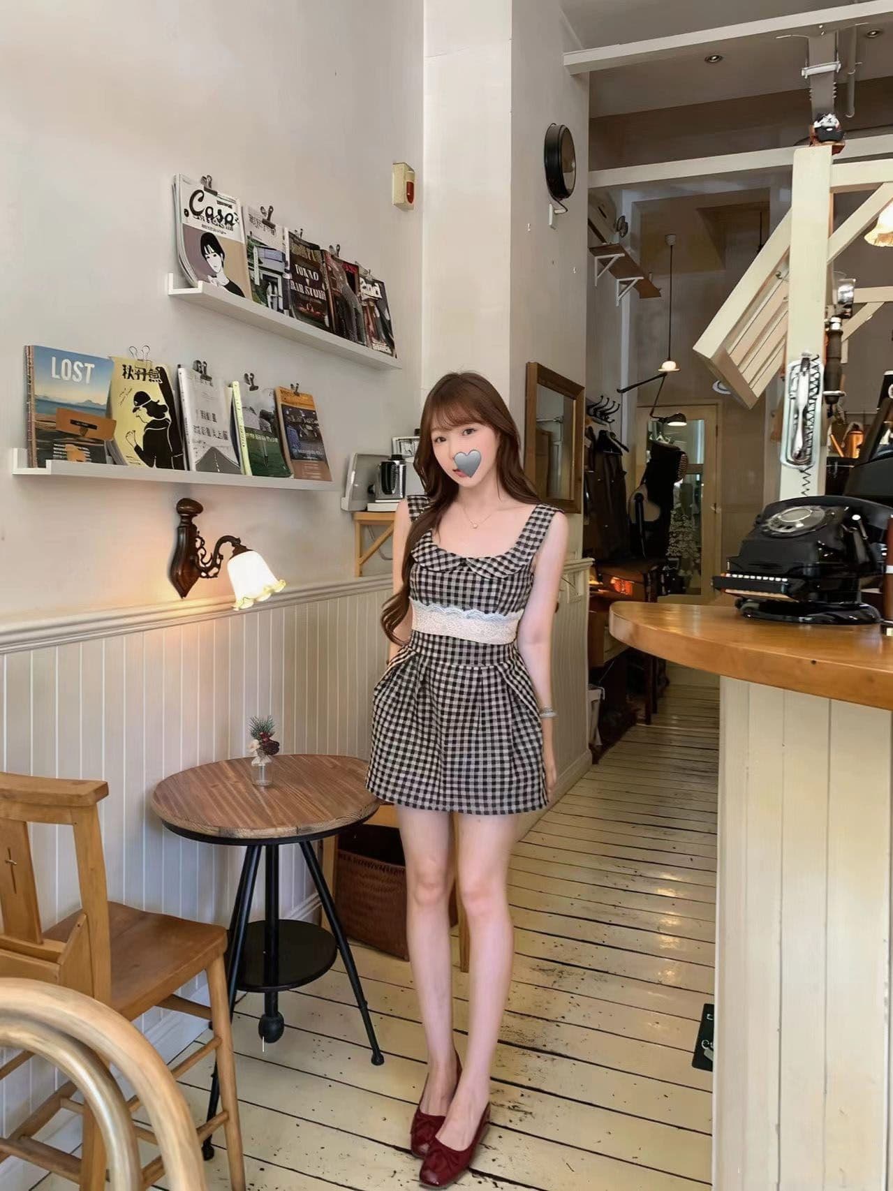 프랑스식 레트로 체크무늬 베이비 칼라 민소매 드레스 아이들 여름 작은 키 레이스 허리 수축 슬림해 보이는 조끼 미니 스커트 상세 이미지 7