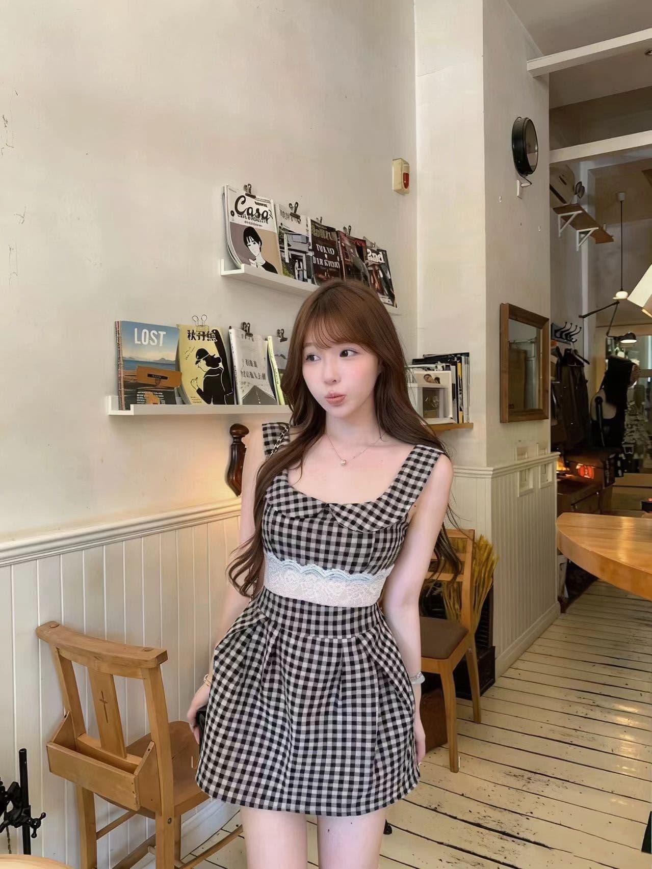프랑스식 레트로 체크무늬 베이비 칼라 민소매 드레스 아이들 여름 작은 키 레이스 허리 수축 슬림해 보이는 조끼 미니 스커트 상세 이미지 8