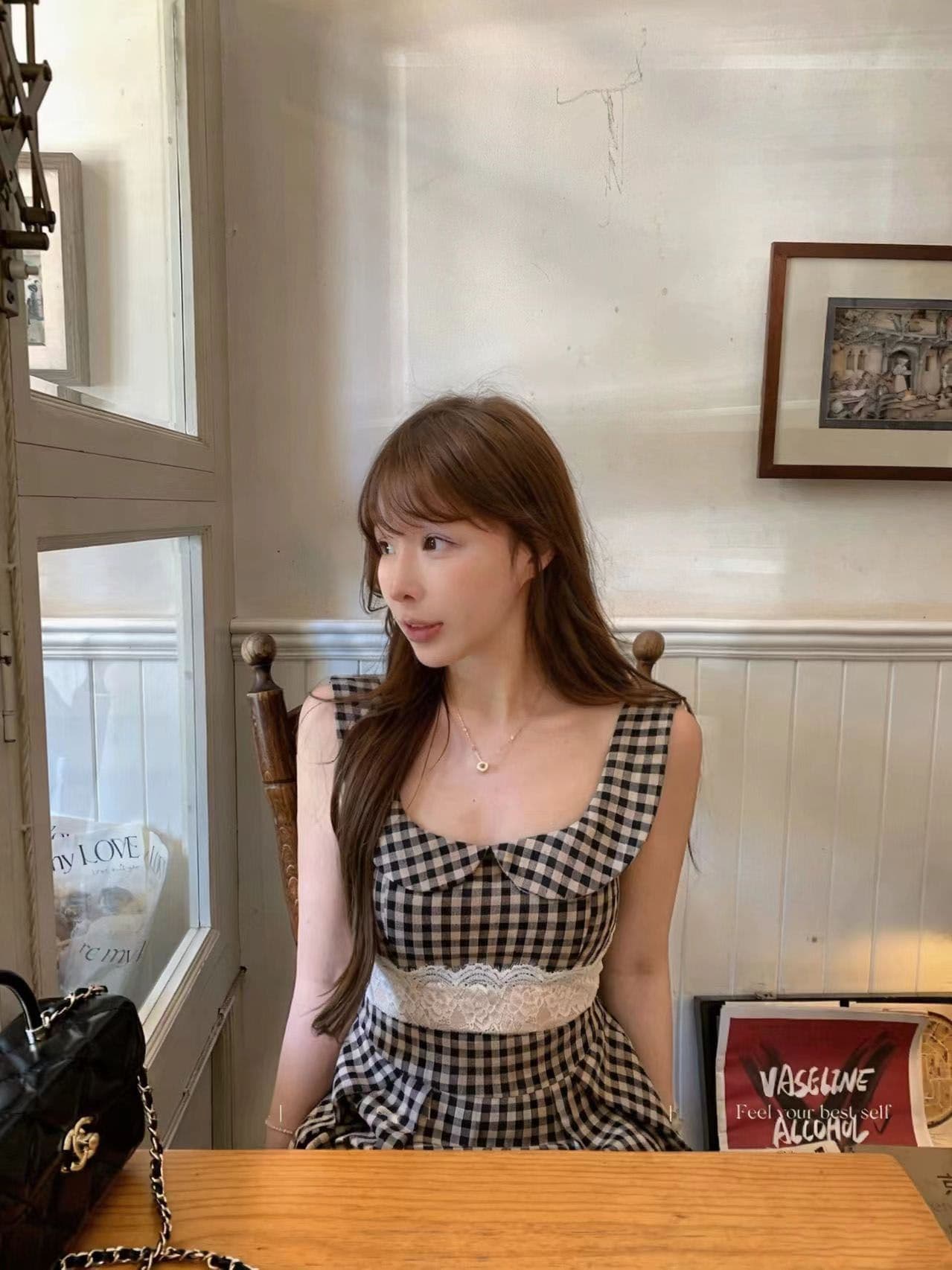 프랑스식 레트로 체크무늬 베이비 칼라 민소매 드레스 아이들 여름 작은 키 레이스 허리 수축 슬림해 보이는 조끼 미니 스커트 상세 이미지 9
