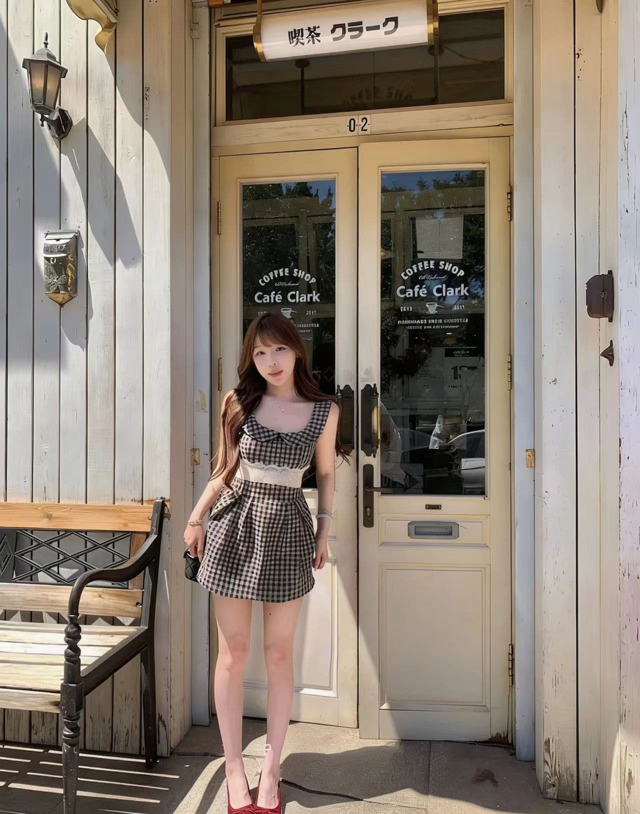 프랑스식 레트로 체크무늬 베이비 칼라 민소매 드레스 아이들 여름 작은 키 레이스 허리 수축 슬림해 보이는 조끼 미니 스커트 상세 이미지 10