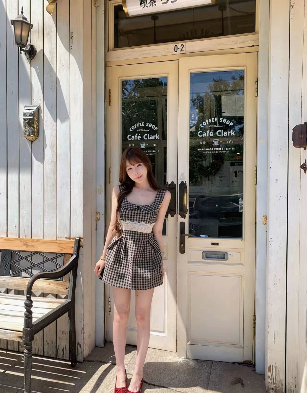 프랑스식 레트로 체크무늬 베이비 칼라 민소매 드레스 아이들 여름 작은 키 레이스 허리 수축 슬림해 보이는 조끼 미니 스커트 상세 이미지 11