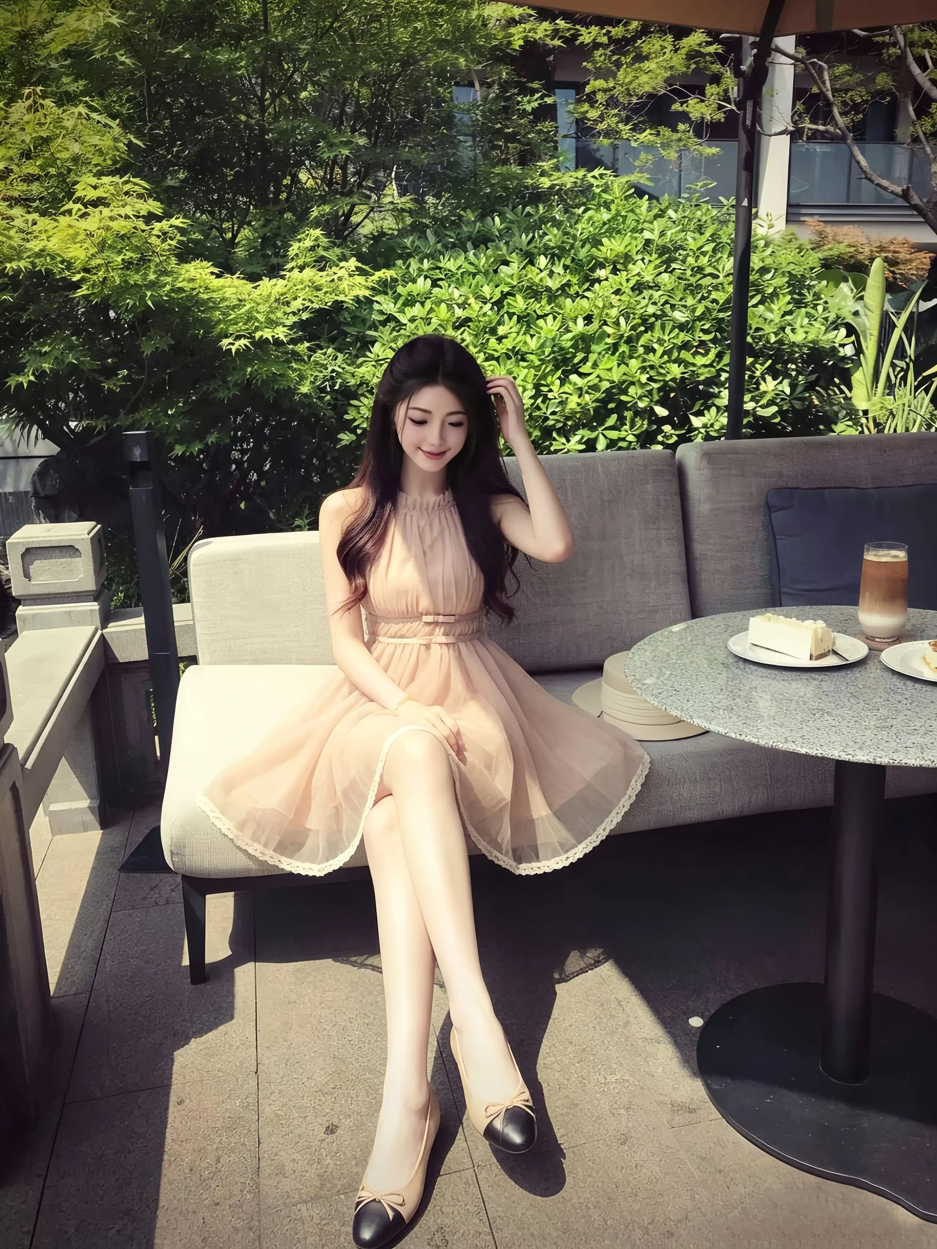 마이크로 알몸의 핑크색 행침 목 나비 매듭 불규칙 밑단 드레스 절묘한 센스 여름 슈퍼 잘 생긴 민소매 치마 이미지 4