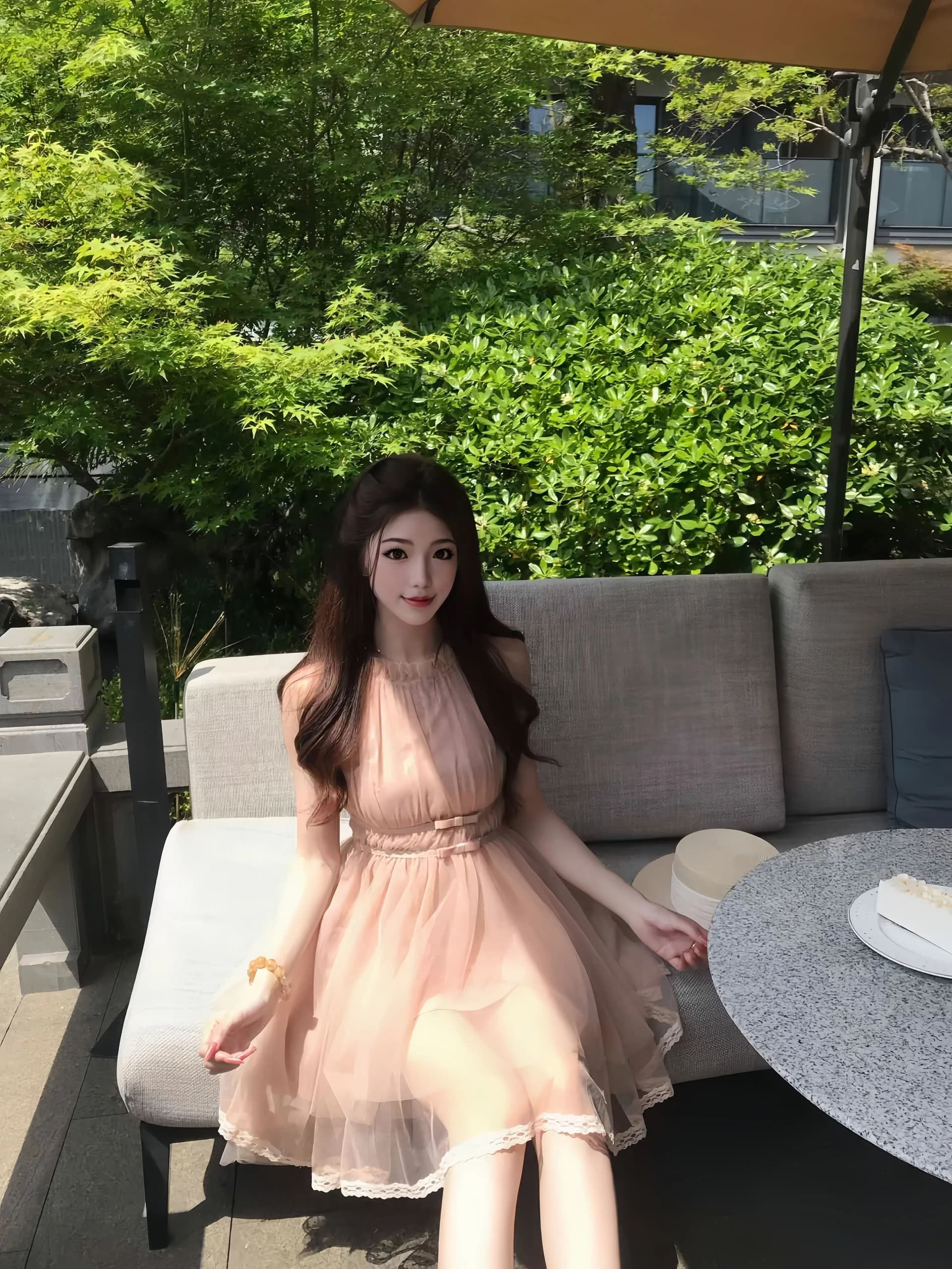 마이크로 알몸의 핑크색 행침 목 나비 매듭 불규칙 밑단 드레스 절묘한 센스 여름 슈퍼 잘 생긴 민소매 치마 이미지 3