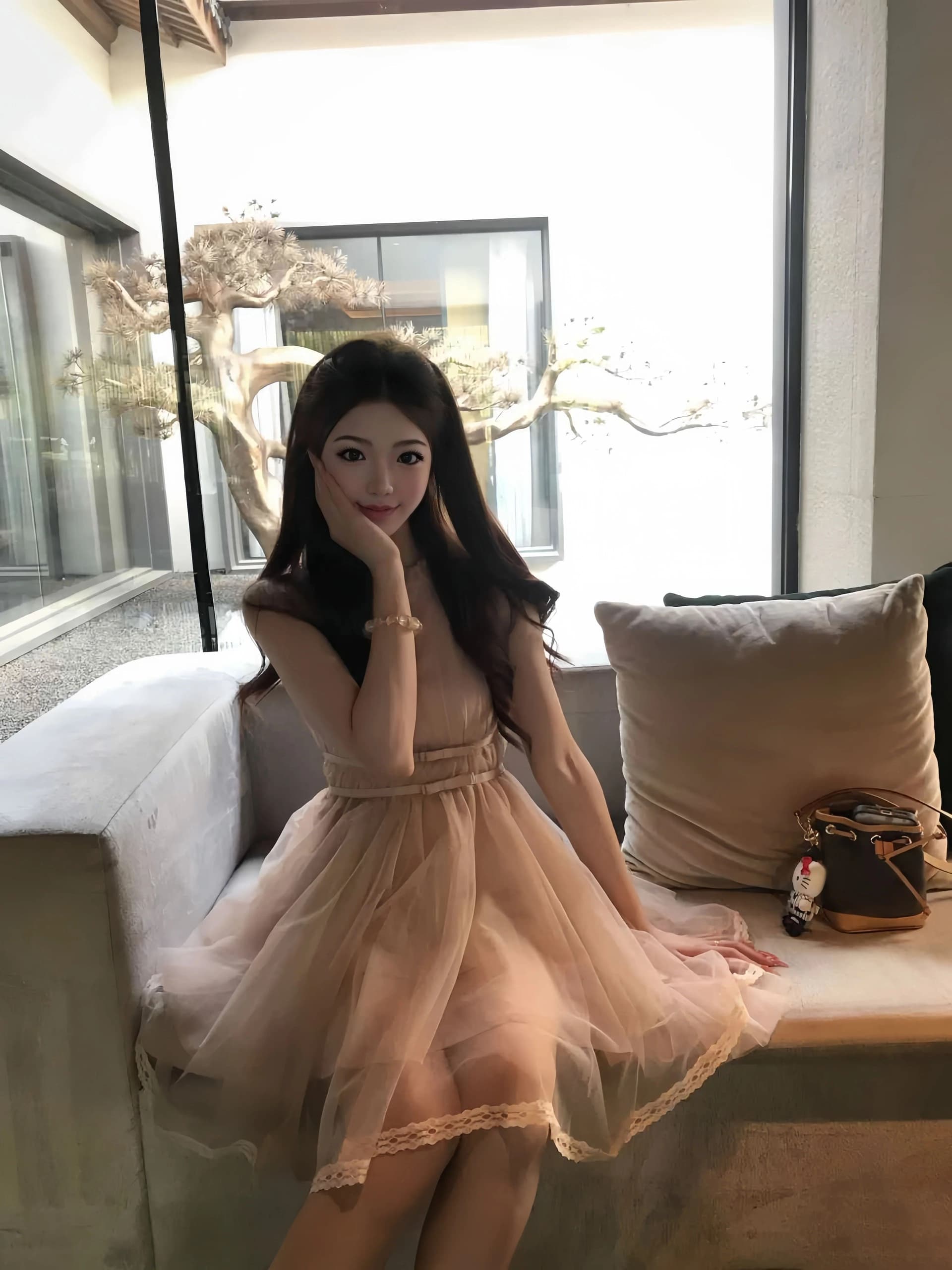 마이크로 알몸의 핑크색 행침 목 나비 매듭 불규칙 밑단 드레스 절묘한 센스 여름 슈퍼 잘 생긴 민소매 치마 상세 이미지 9