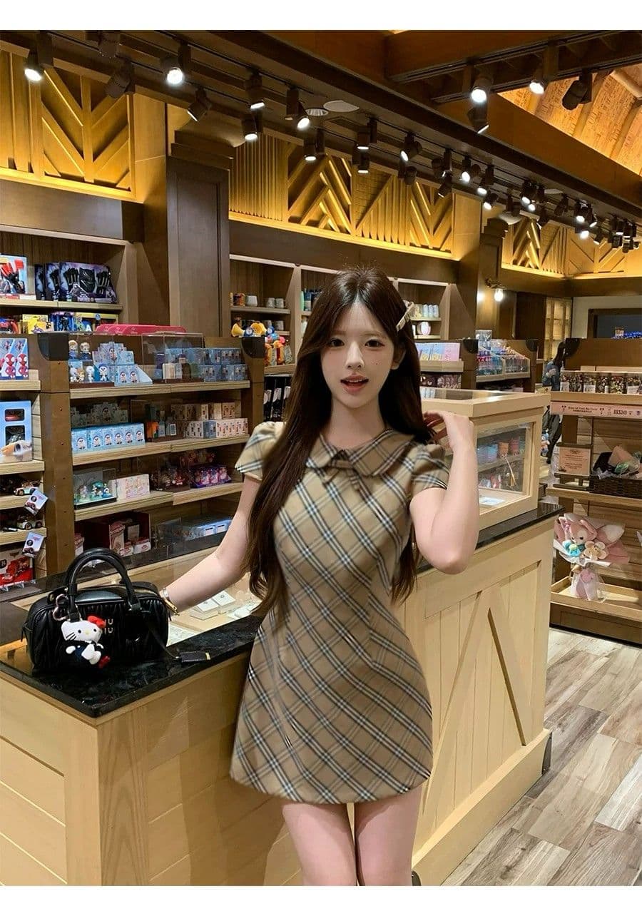 중년 소녀 치마 허리 수축 베이비 칼라 체크무늬 치마 천 골드 센스 달콤함 드레스 슬림해 보이는 섹션 슈퍼 잘 생긴 여성 의류 상세 이미지 7
