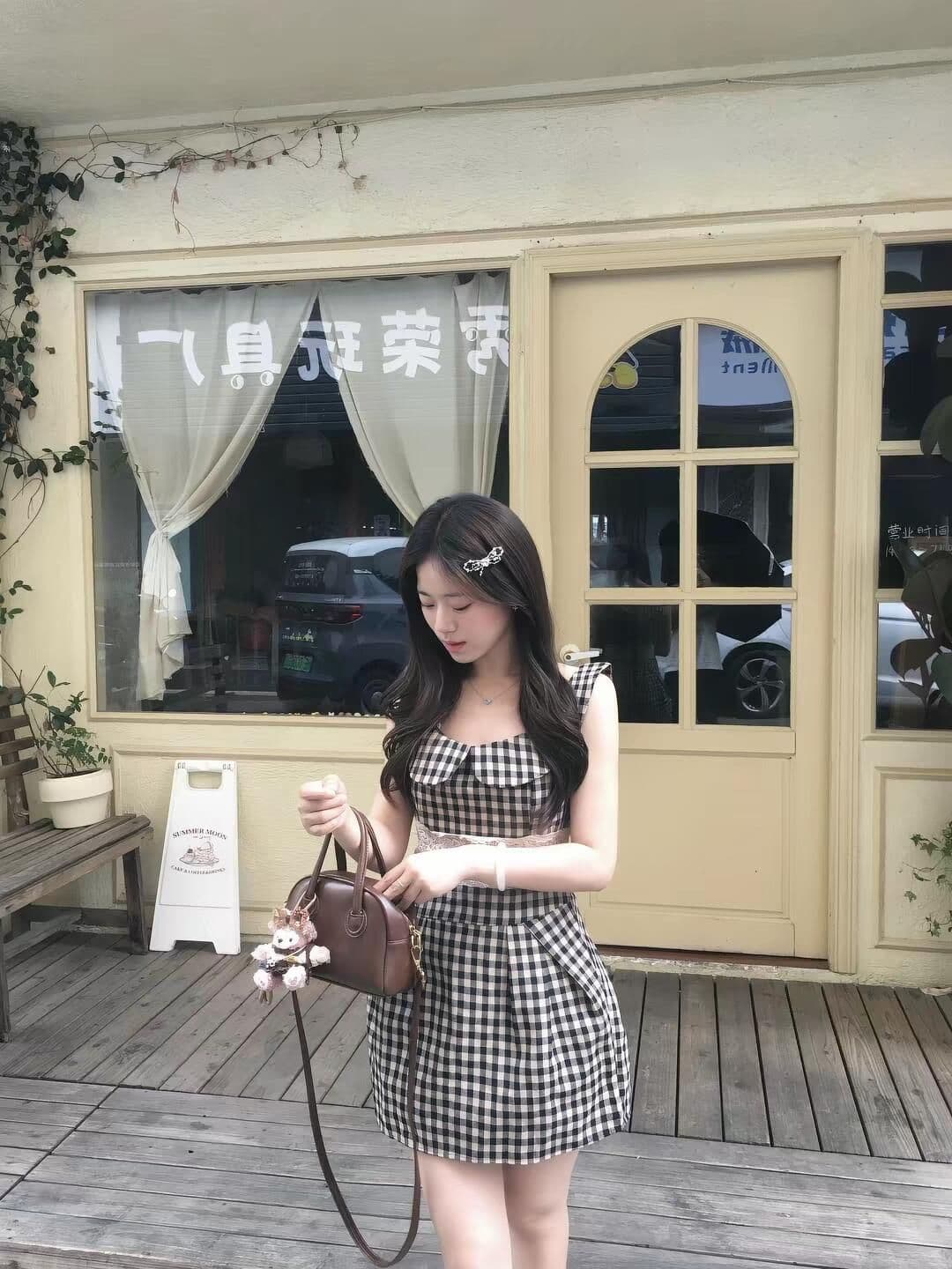프랑스식 레트로 체크무늬 베이비 칼라 민소매 드레스 아이들 여름 작은 키 레이스 허리 수축 슬림해 보이는 조끼 미니 스커트 이미지 3