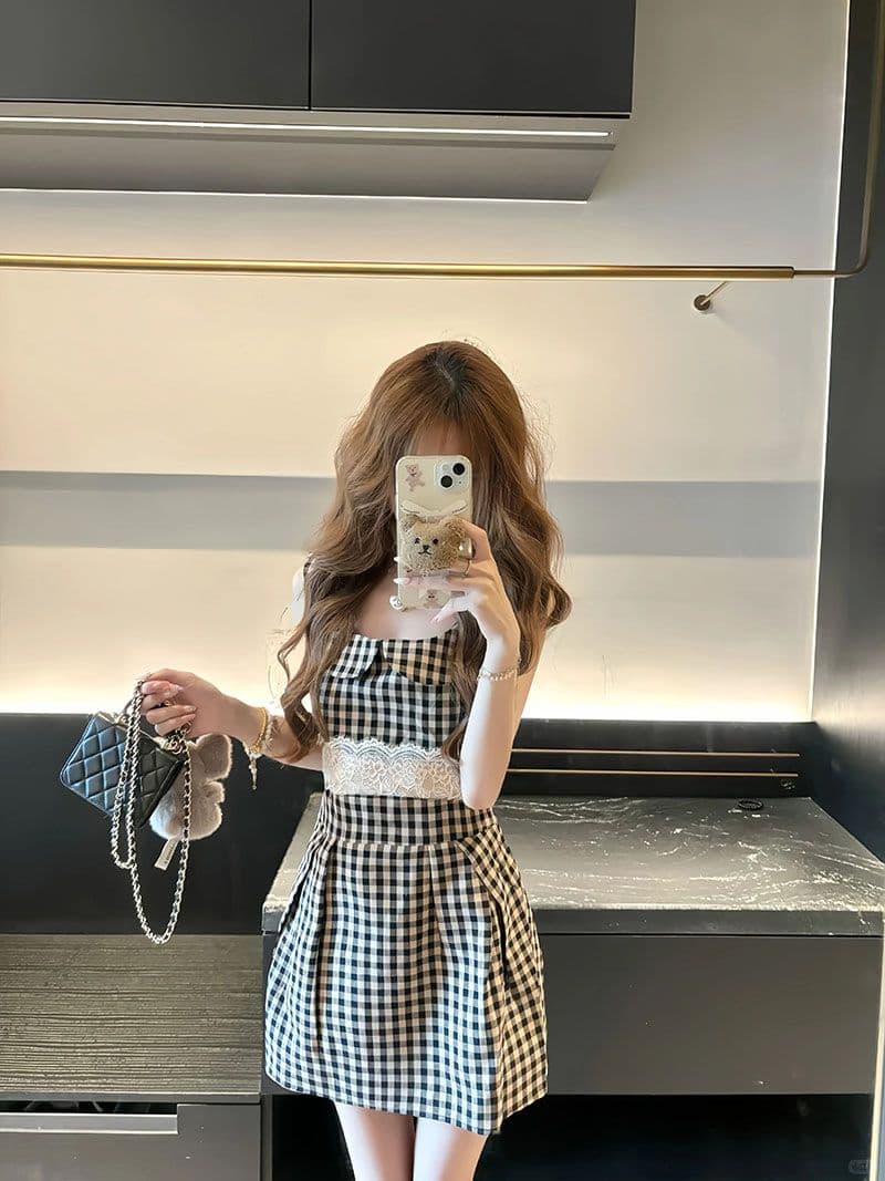 프랑스식 레트로 체크무늬 베이비 칼라 민소매 드레스 아이들 여름 작은 키 레이스 허리 수축 슬림해 보이는 조끼 미니 스커트 상세 이미지 2