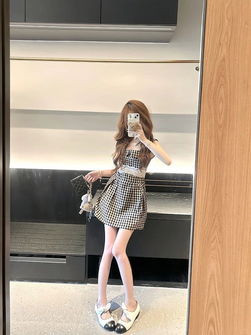 프랑스식 레트로 체크무늬 베이비 칼라 민소매 드레스 아이들 여름 작은 키 레이스 허리 수축 슬림해 보이는 조끼 미니 스커트 상세 이미지 5