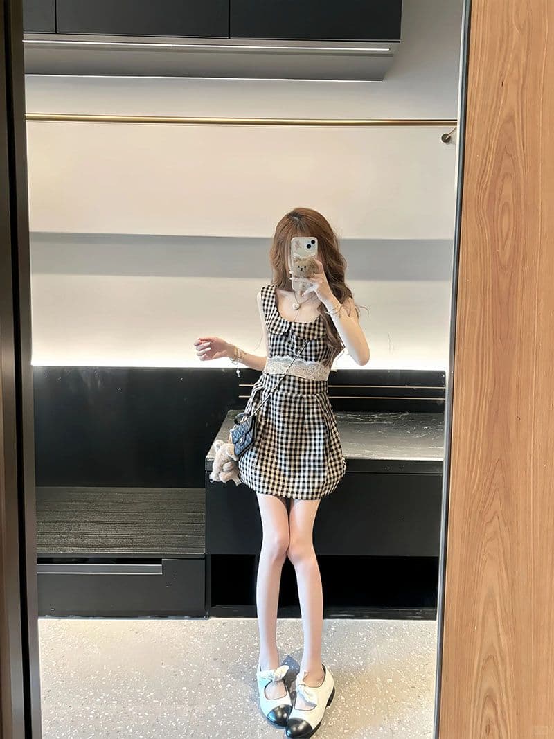 프랑스식 레트로 체크무늬 베이비 칼라 민소매 드레스 아이들 여름 작은 키 레이스 허리 수축 슬림해 보이는 조끼 미니 스커트 상세 이미지 6