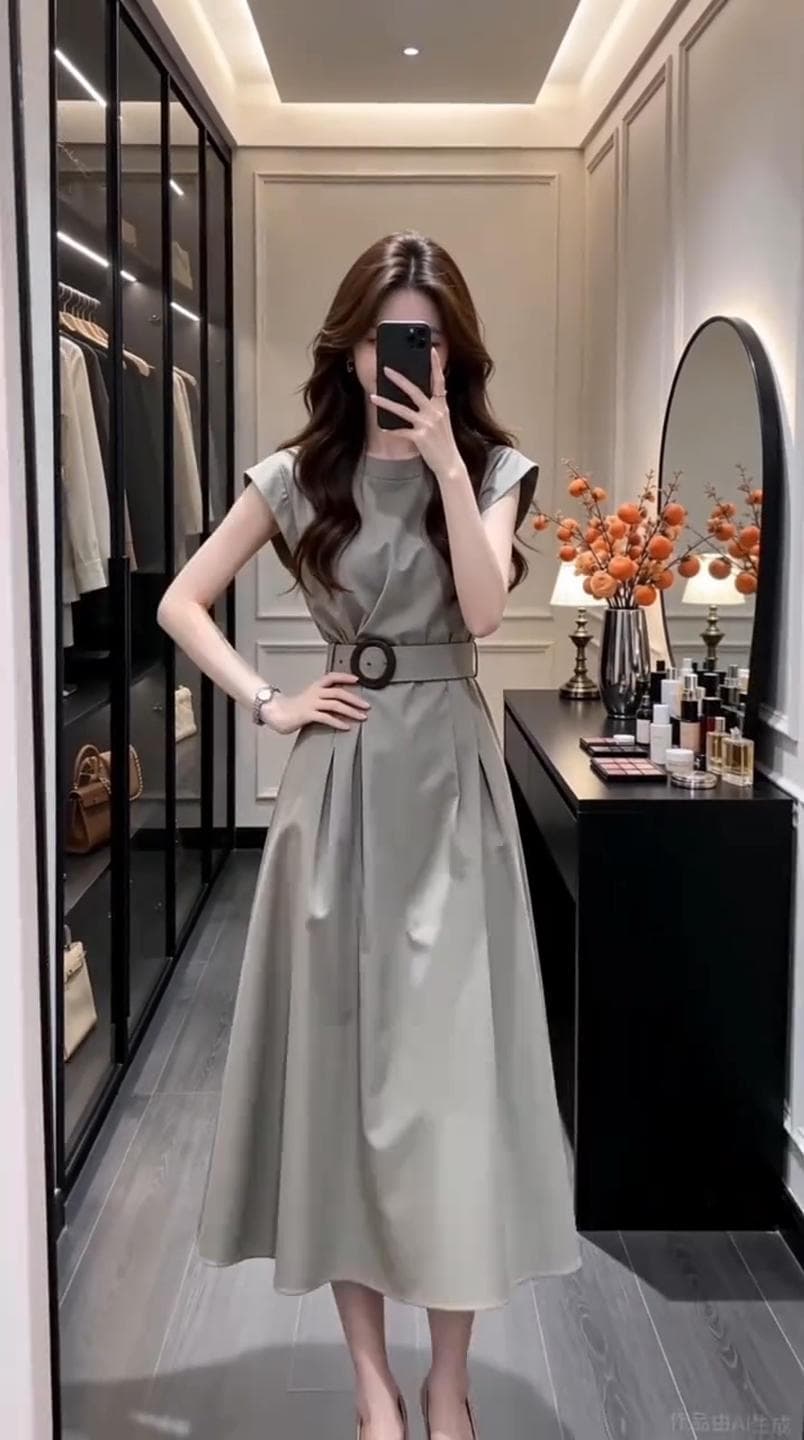 벨트 보내기 품격 민소매 드레스 여름 새로운 고급 센스 허리 수축 슬림해 보이는 한 마디 롱 스커트 이미지 3
