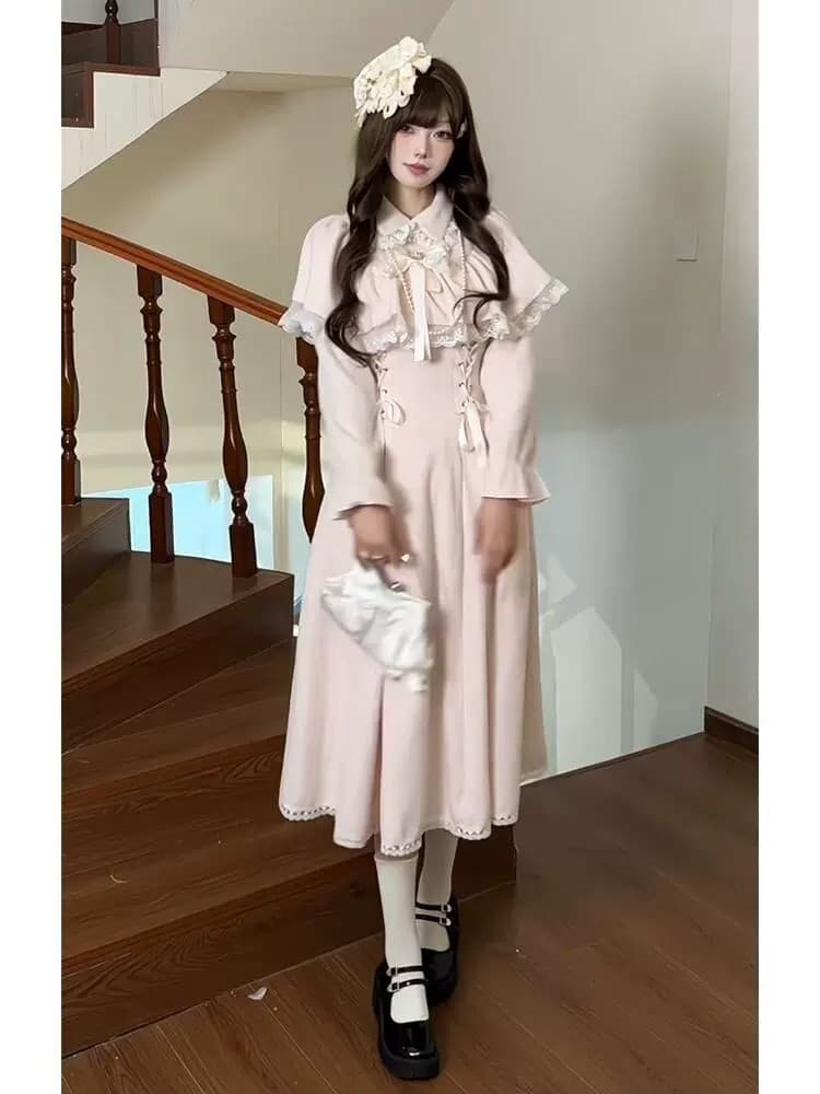 세트 인사이드 부드러운 달콤함 요정 부서 길다 치마 2026 가을 새로운 우아함 일본식 망토 페이크 레이어드 드레스 상세 이미지 10