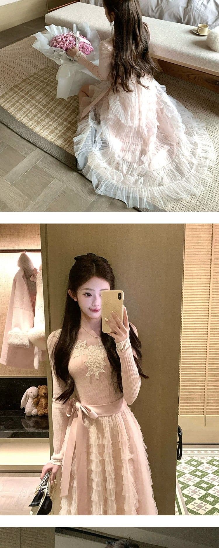 고급 명문 여성 품격 레이스 조각 망사 V넥 여성 드레스 가을 겨울 프랑스식 허리 수축 케이크 푹신한 롱 스커트 이미지 3
