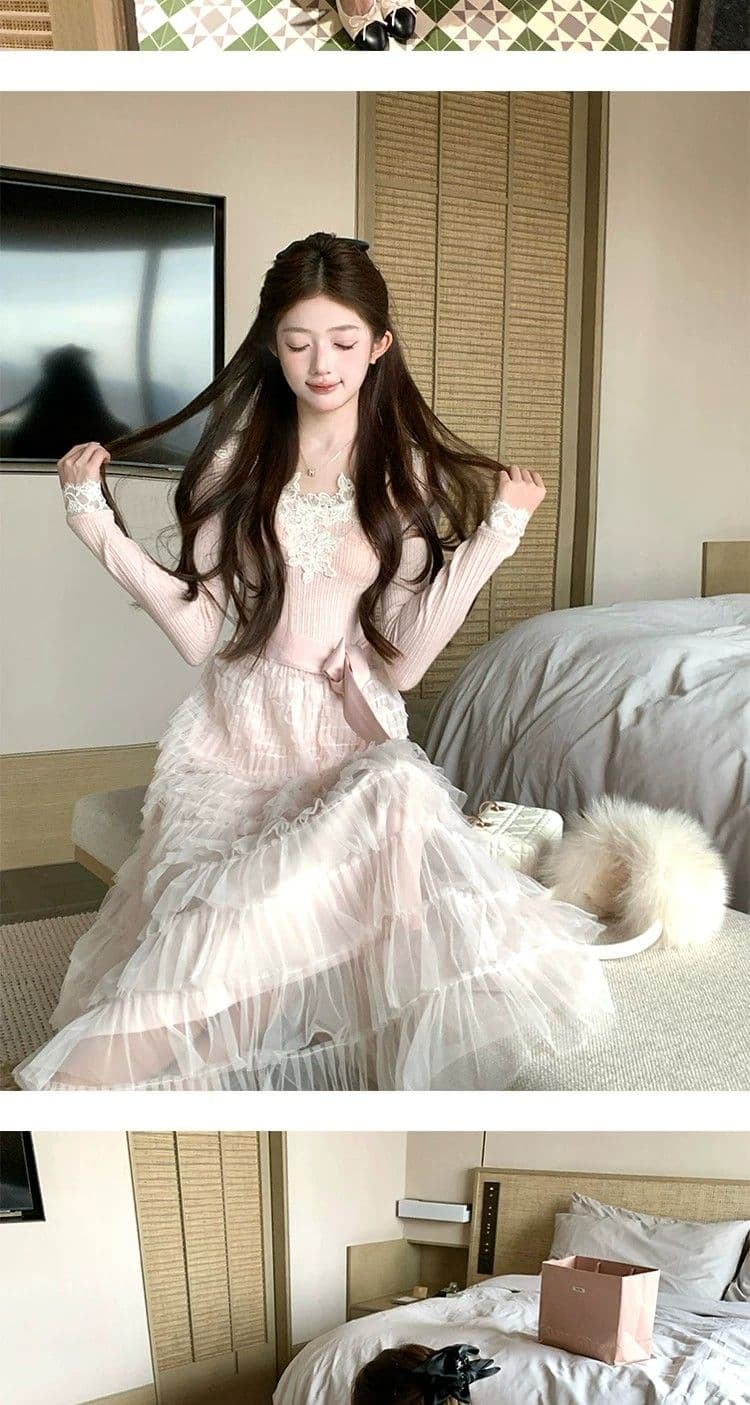 고급 명문 여성 품격 레이스 조각 망사 V넥 여성 드레스 가을 겨울 프랑스식 허리 수축 케이크 푹신한 롱 스커트 이미지 4