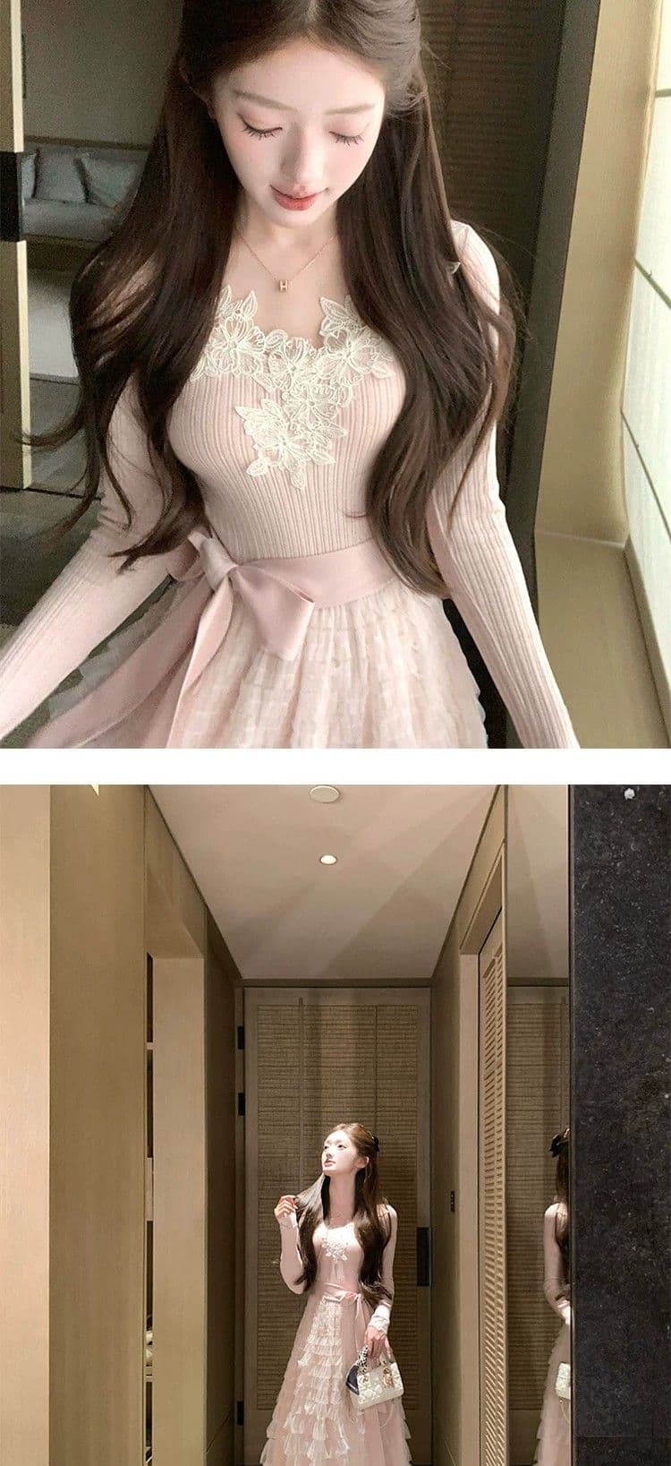 고급 명문 여성 품격 레이스 조각 망사 V넥 여성 드레스 가을 겨울 프랑스식 허리 수축 케이크 푹신한 롱 스커트 이미지 2