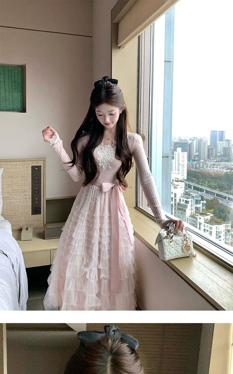 고급 명문 여성 품격 레이스 조각 망사 V넥 여성 드레스 가을 겨울 프랑스식 허리 수축 케이크 푹신한 롱 스커트 상세 이미지 6