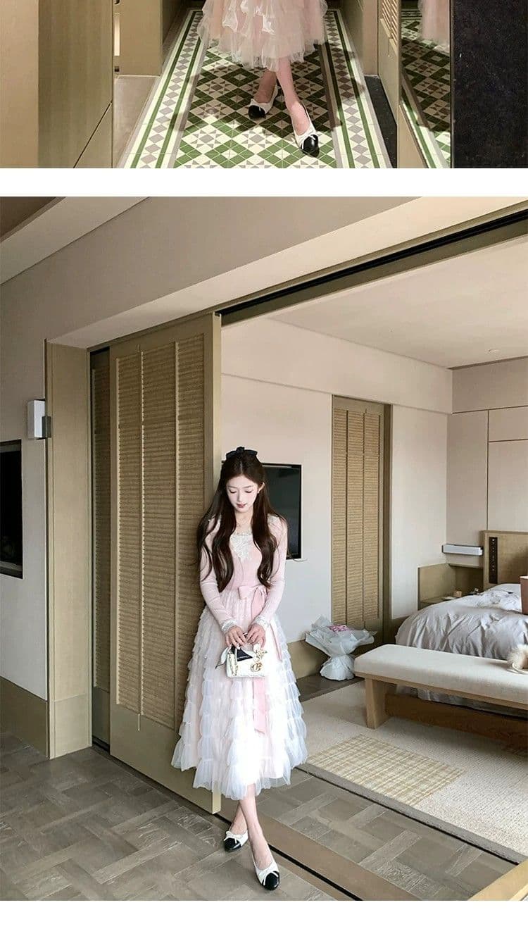 고급 명문 여성 품격 레이스 조각 망사 V넥 여성 드레스 가을 겨울 프랑스식 허리 수축 케이크 푹신한 롱 스커트 상세 이미지 8