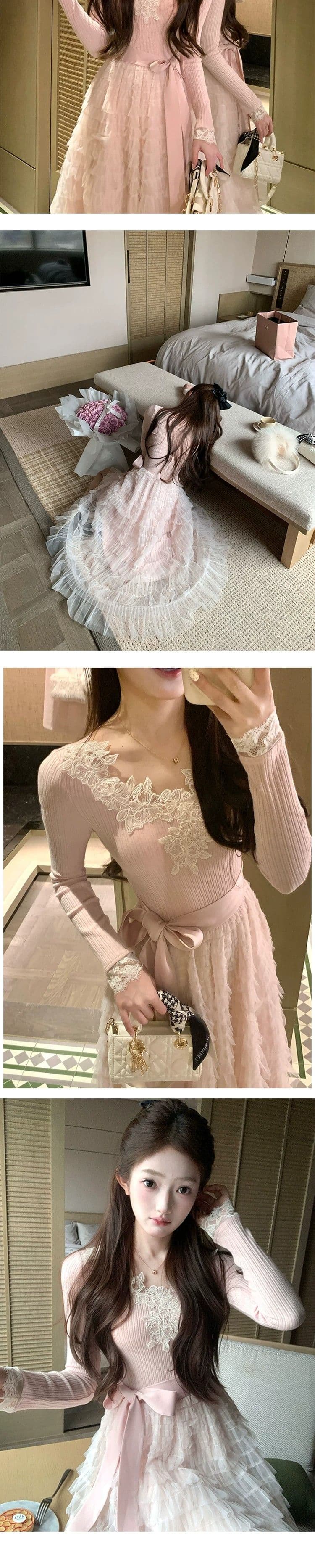 고급 명문 여성 품격 레이스 조각 망사 V넥 여성 드레스 가을 겨울 프랑스식 허리 수축 케이크 푹신한 롱 스커트 상세 이미지 10