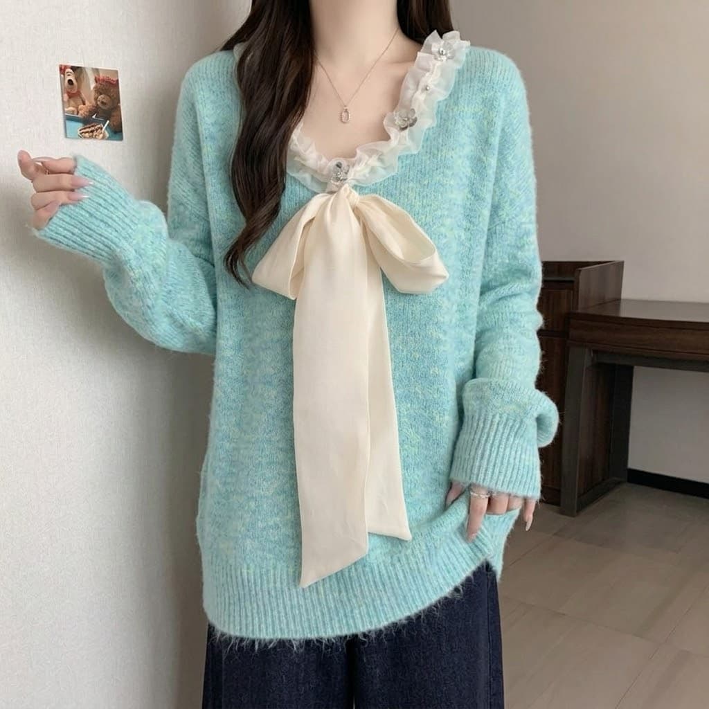 실사 가을 새로운 프랑스식 빅 사이즈 마이크로 지방 나비 매듭 레이스 V넥 루즈핏 스웨터 니트 스웨터 이미지 6