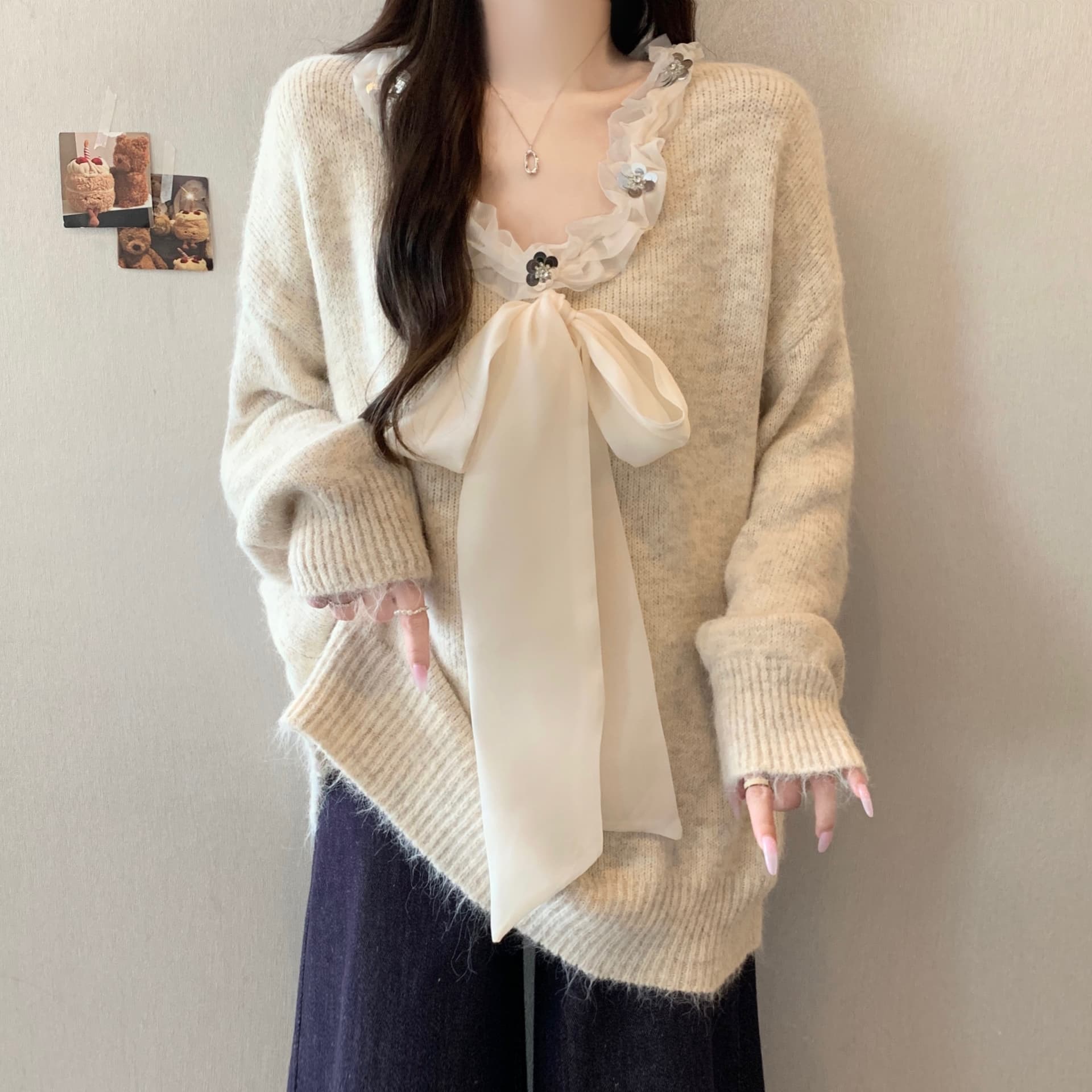 실사 가을 새로운 프랑스식 빅 사이즈 마이크로 지방 나비 매듭 레이스 V넥 루즈핏 스웨터 니트 스웨터 상세 이미지 4