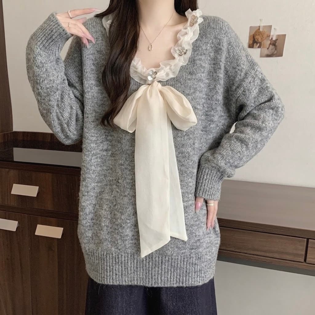 실사 가을 새로운 프랑스식 빅 사이즈 마이크로 지방 나비 매듭 레이스 V넥 루즈핏 스웨터 니트 스웨터 상세 이미지 16