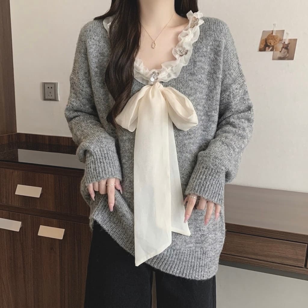 실사 가을 새로운 프랑스식 빅 사이즈 마이크로 지방 나비 매듭 레이스 V넥 루즈핏 스웨터 니트 스웨터 상세 이미지 17