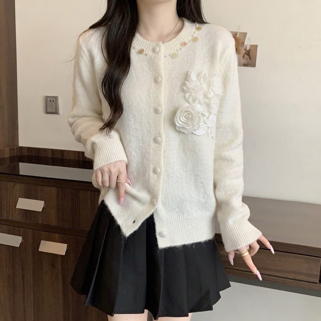 실사 빅 사이즈 이른 가을 한 부서 작은 샤넬 스타일 무거운 작업 3 차원 꽃 라운드 넥 긴팔 스웨터 코트 상세 이미지 2