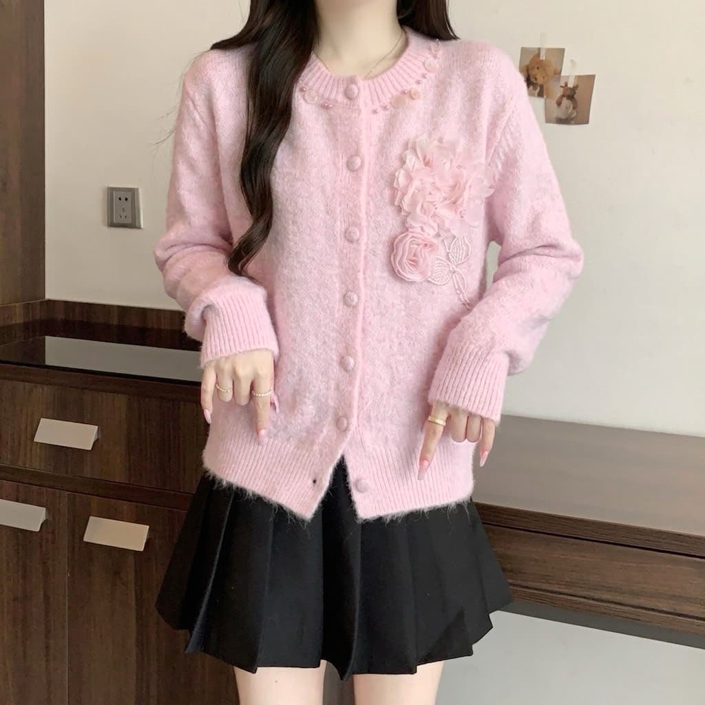 실사 빅 사이즈 이른 가을 한 부서 작은 샤넬 스타일 무거운 작업 3 차원 꽃 라운드 넥 긴팔 스웨터 코트 상세 이미지 10