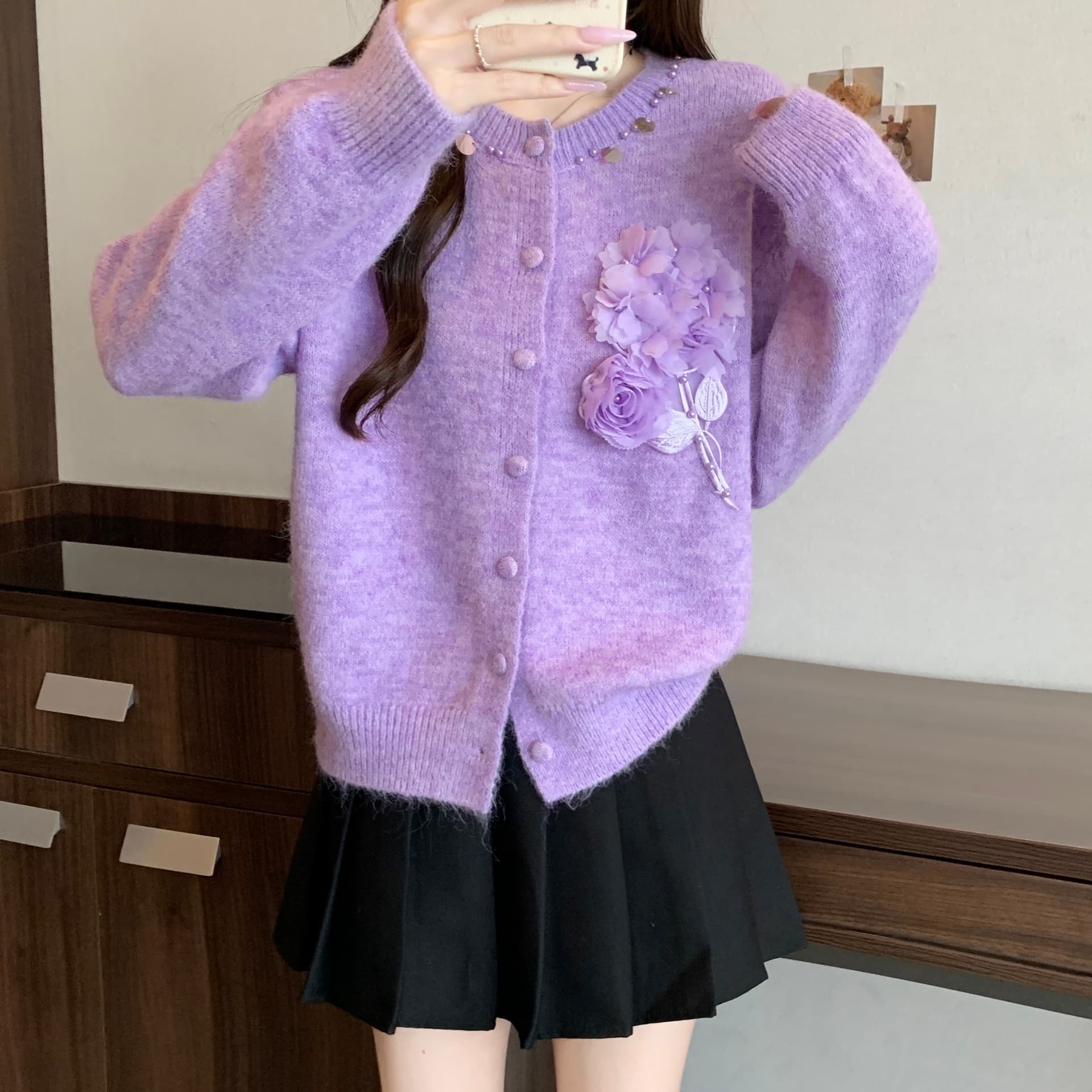 실사 빅 사이즈 이른 가을 한 부서 작은 샤넬 스타일 무거운 작업 3 차원 꽃 라운드 넥 긴팔 스웨터 코트 상세 이미지 17