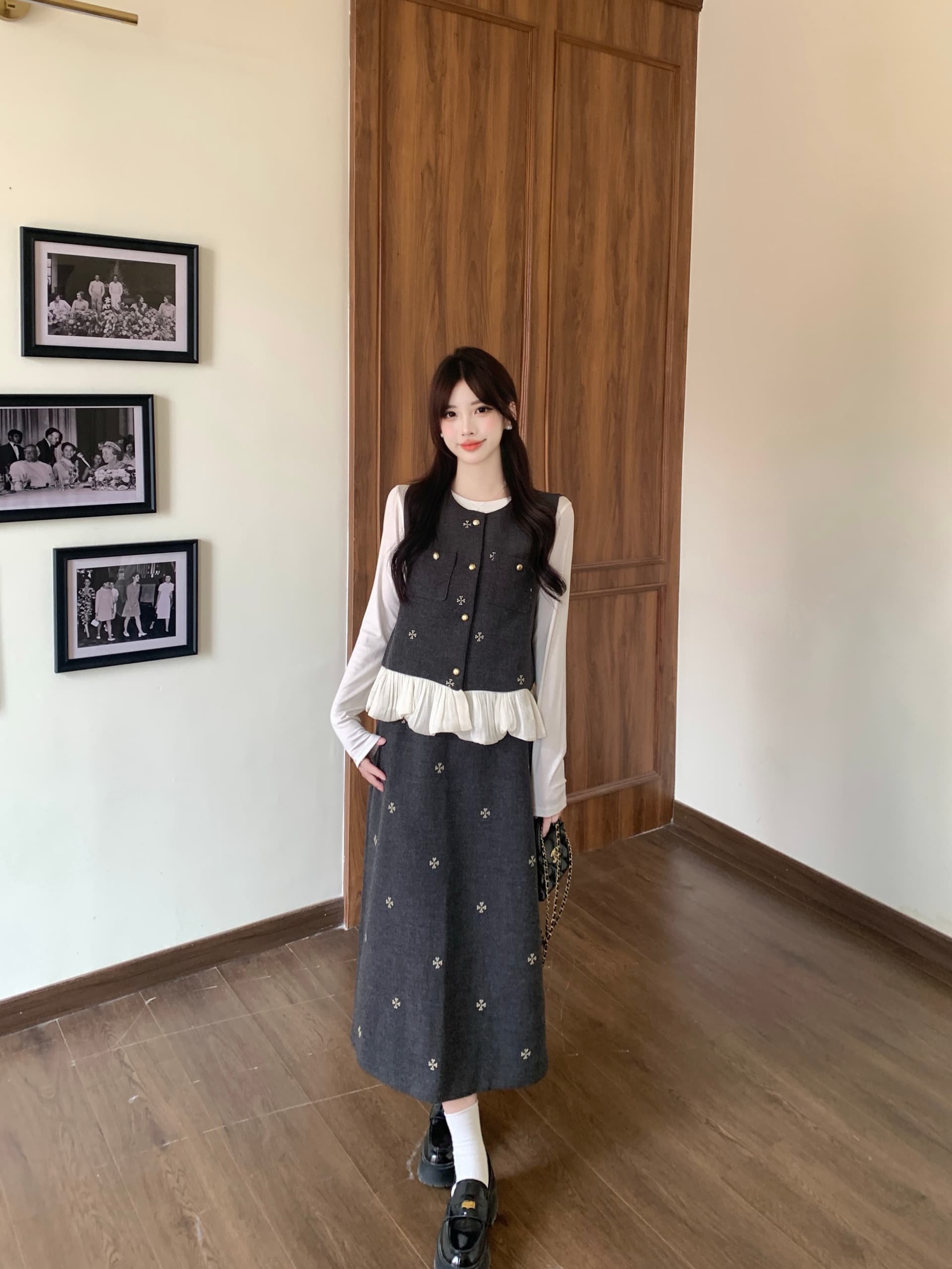 실사 빅 사이즈 천 금빛 바람 코치 센스 디스플레이 높음 슬림해 보이는 회색 자수 베스트 반신 스커트 세 조각 세트 상세 이미지 7