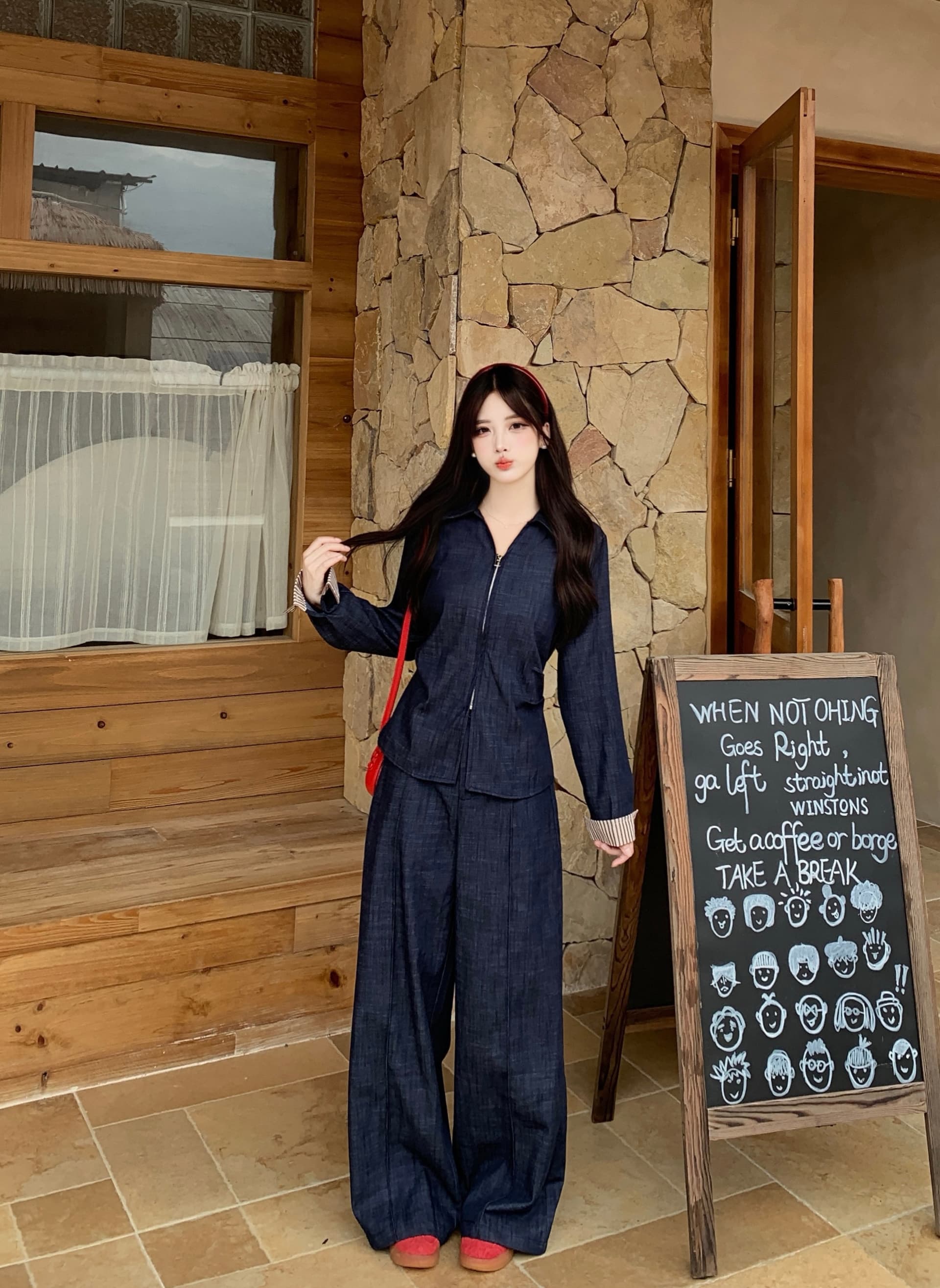 실사 빅 사이즈 레트로 캐주얼 허리 수축 슬림해 보이는 지퍼 셔츠 하이웨이스트 와이드 레그 팬츠 연령 감소 세트 상세 이미지 1