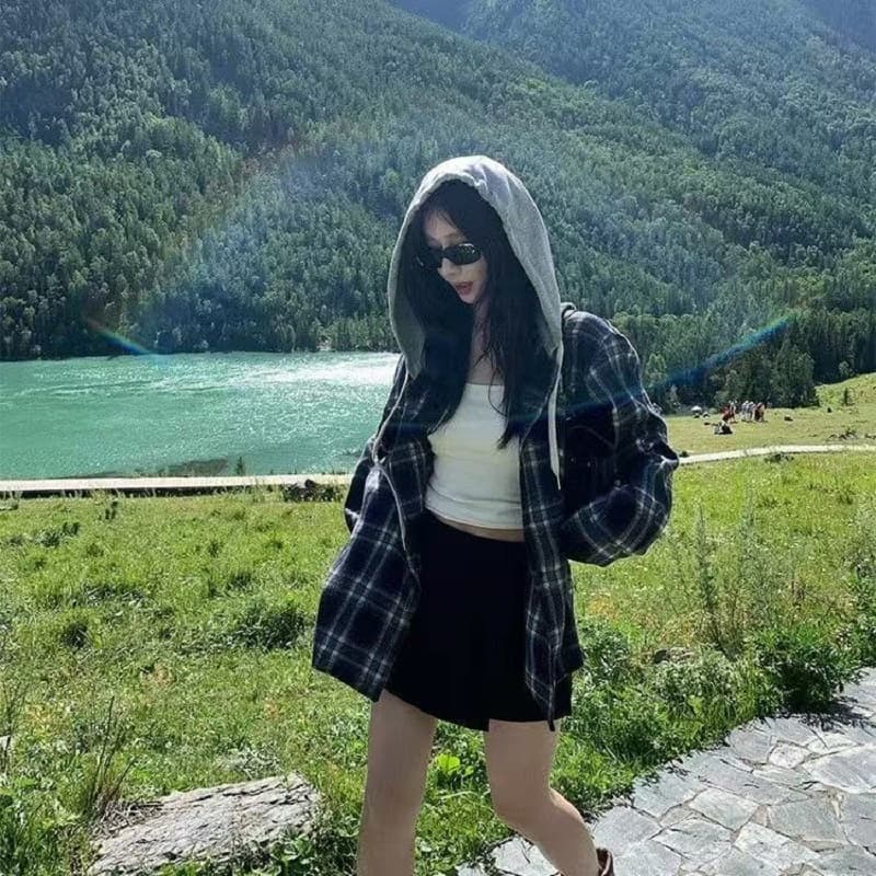 아메리칸 레트로 체크무늬 여성 셔츠 2026 새로운 봄 가을 얇은 스타일 디자인 센스 작은 대중 루즈핏 긴팔 셔츠 재킷 상세 이미지 3