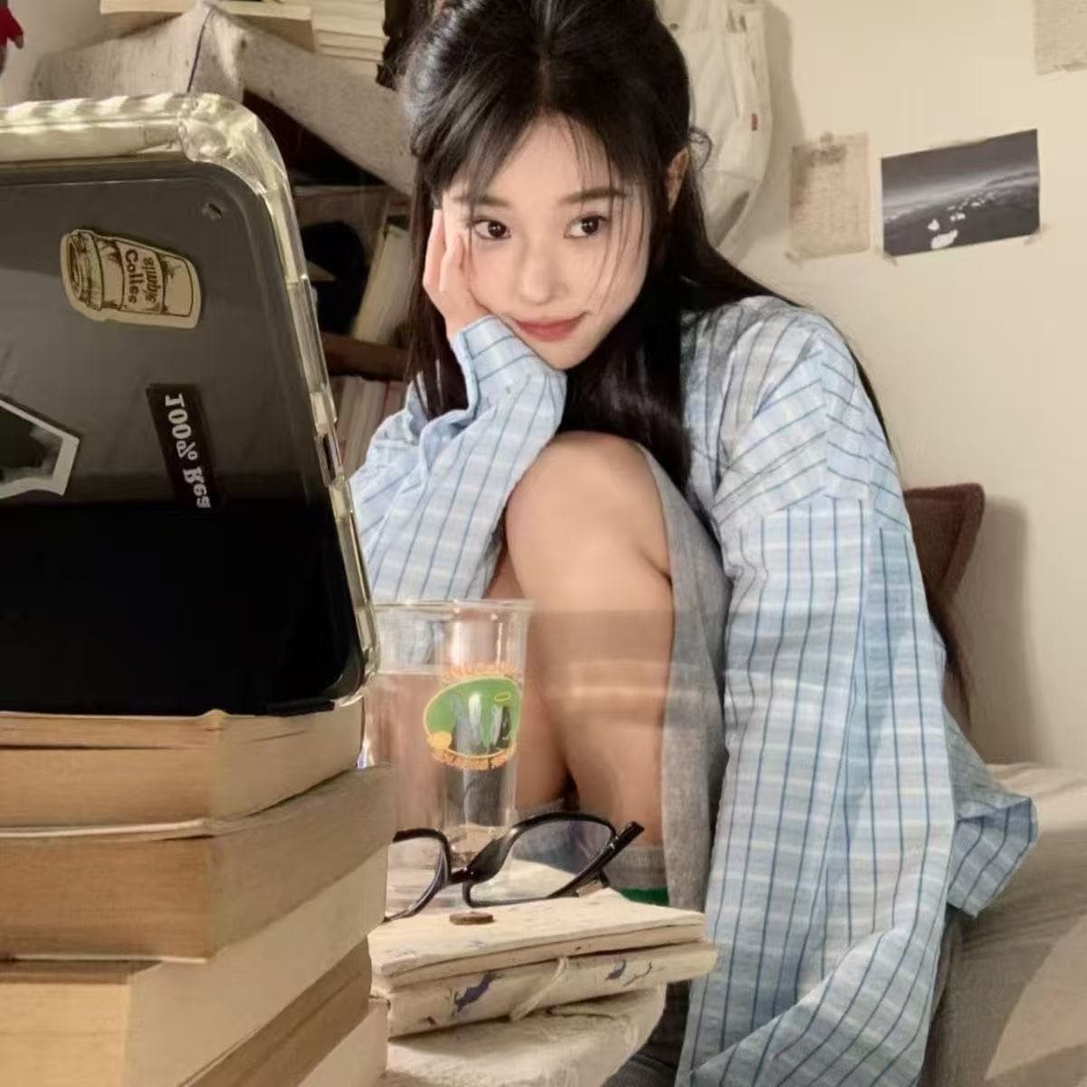여름 한국 스타일 얇은 스타일 빛 럭셔리 회색 파란색 체크무늬 셔츠 외출용 여성 루즈핏 다용도 슬림해 보이는 셔츠 태양 보호 셔츠 상세 이미지 7