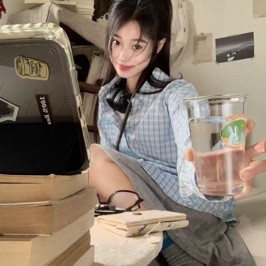 여름 한국 스타일 얇은 스타일 빛 럭셔리 회색 파란색 체크무늬 셔츠 외출용 여성 루즈핏 다용도 슬림해 보이는 셔츠 태양 보호 셔츠 상세 이미지 8