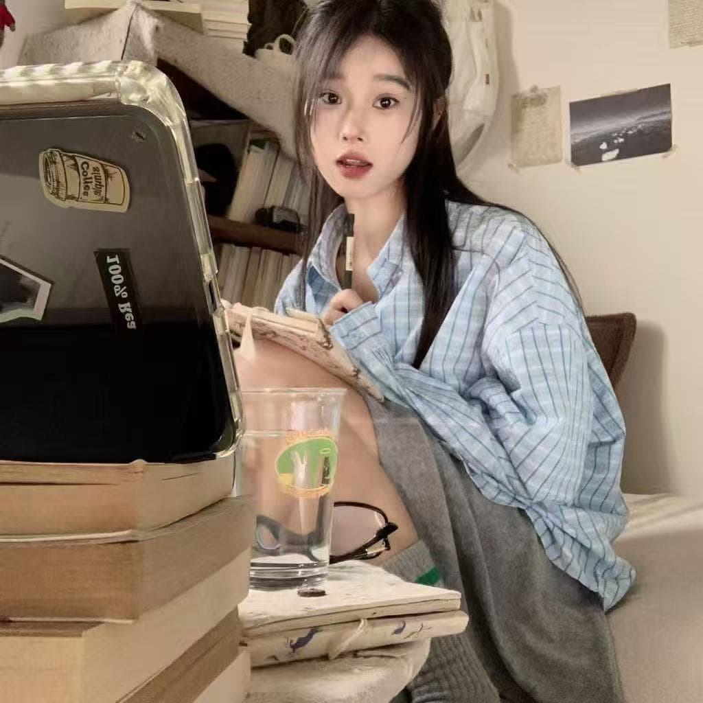 여름 한국 스타일 얇은 스타일 빛 럭셔리 회색 파란색 체크무늬 셔츠 외출용 여성 루즈핏 다용도 슬림해 보이는 셔츠 태양 보호 셔츠 상세 이미지 9