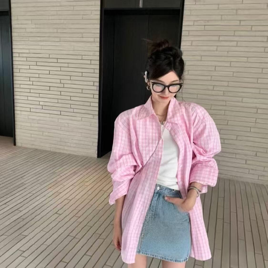 여름 한국 스타일 얇은 스타일 빛 럭셔리 회색 파란색 체크무늬 셔츠 외출용 여성 루즈핏 다용도 슬림해 보이는 셔츠 태양 보호 셔츠 상세 이미지 12