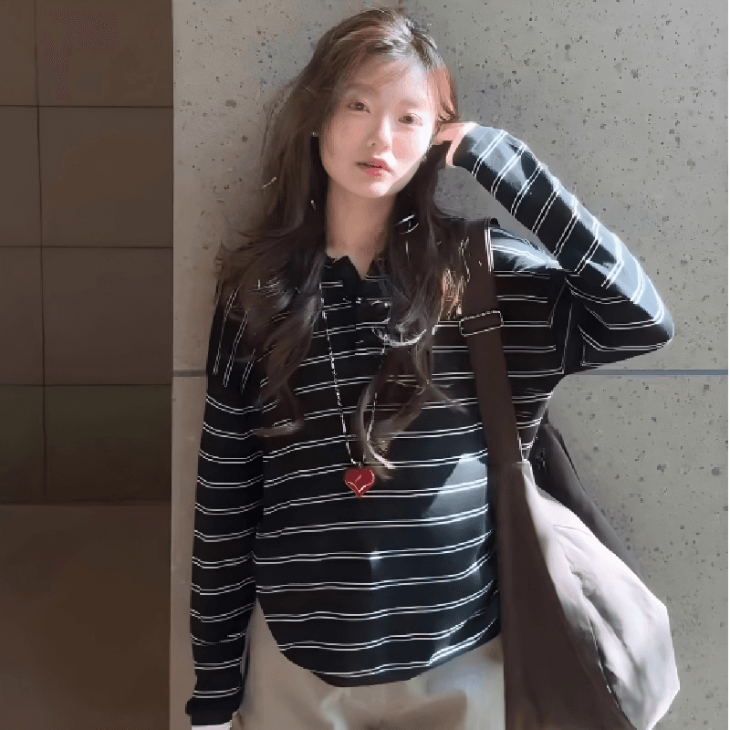 긴팔 티셔츠 여성 새로운 가을 겨울철 디자인 센스 한 부서 느긋한 흑백 줄무늬 만나는 POLO 셔츠 맨위 이미지 4