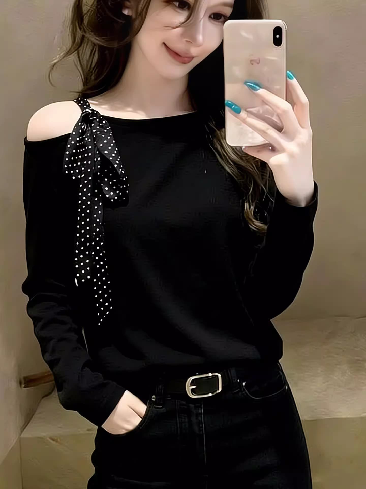 패션 트렌드 작은 대중 다용도 미니멀리즘 스트랩 오프숄더 티셔츠 봄 긴팔 고급 센스 캐주얼 바람 맨위 작은 셔츠 상세 이미지 5
